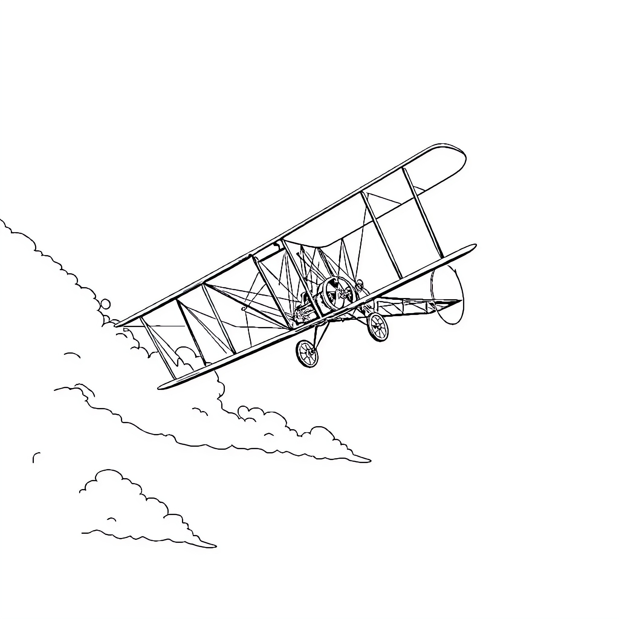 Wright Flyer aircraft in flight Coloring Page (free black-and-white line drawing printable PDF for all, from beginners to advanced learners, including children, teens, adults, and seniors)