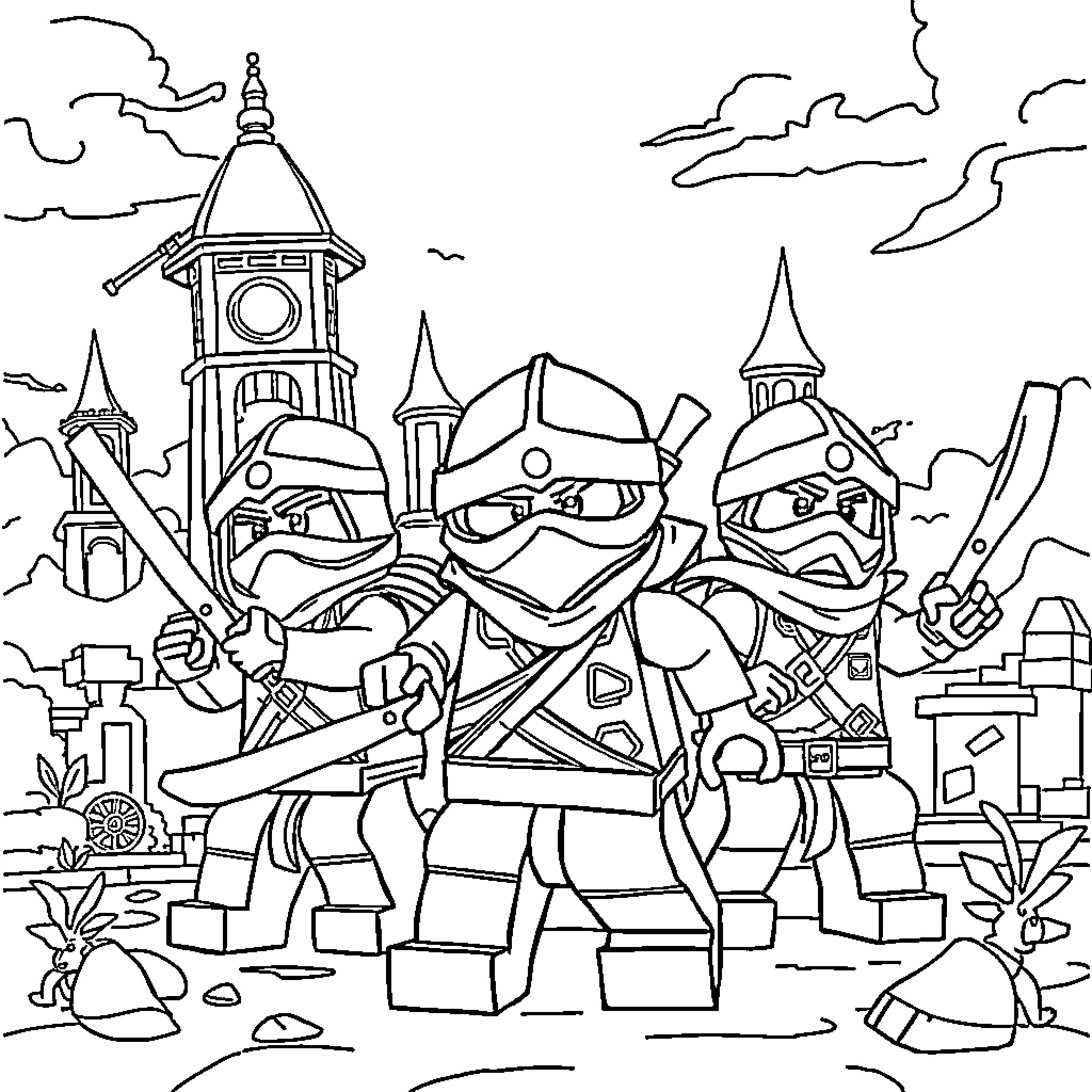 Ninjago warriors wielding weapons in a defensive stance Coloring Page (free black-and-white line drawing printable PDF for all, from beginners to advanced learners, including children, teens, adults, and seniors)