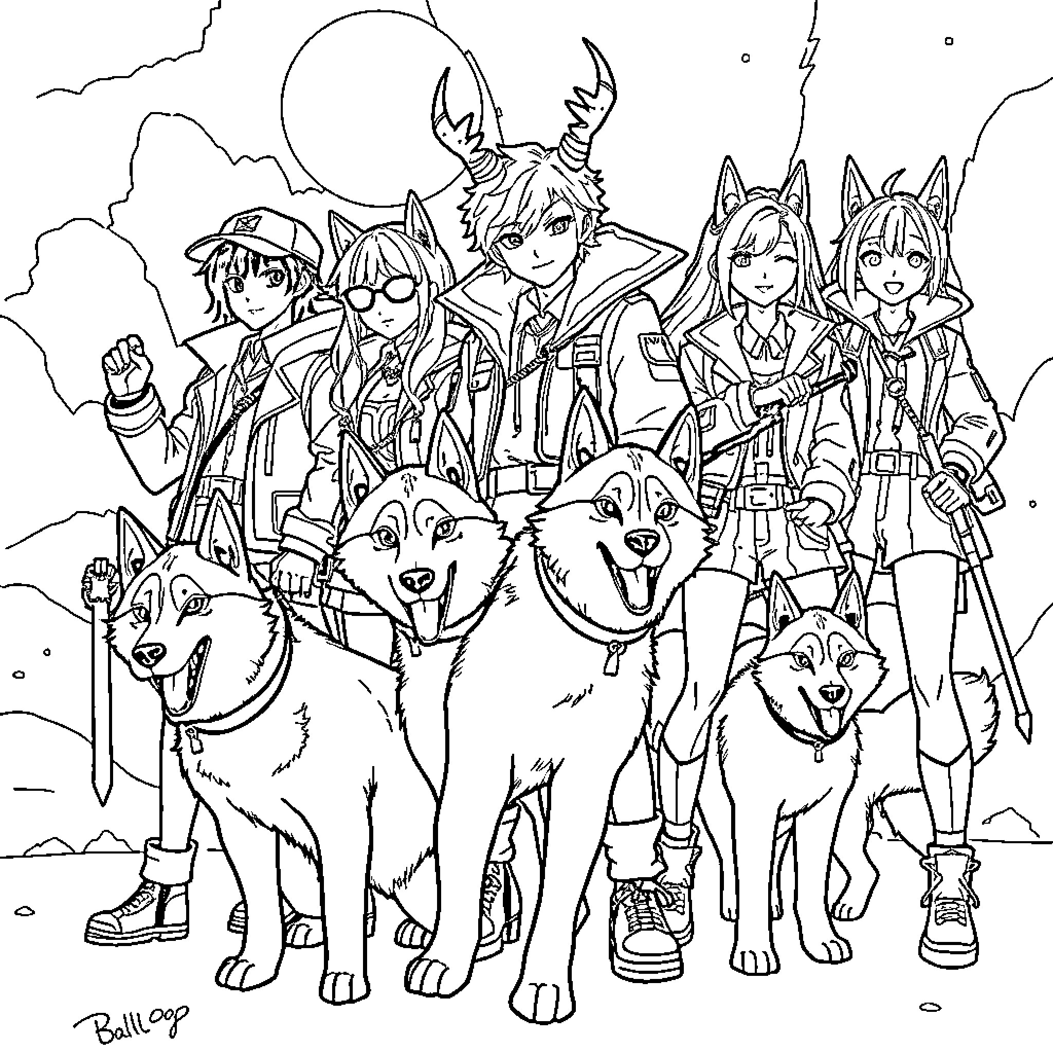 Demon Hunter Squad and their Loyal Canine Companions Coloring Page (free black-and-white line drawing printable PDF for all, from beginners to advanced learners, including children, teens, adults, and seniors)
