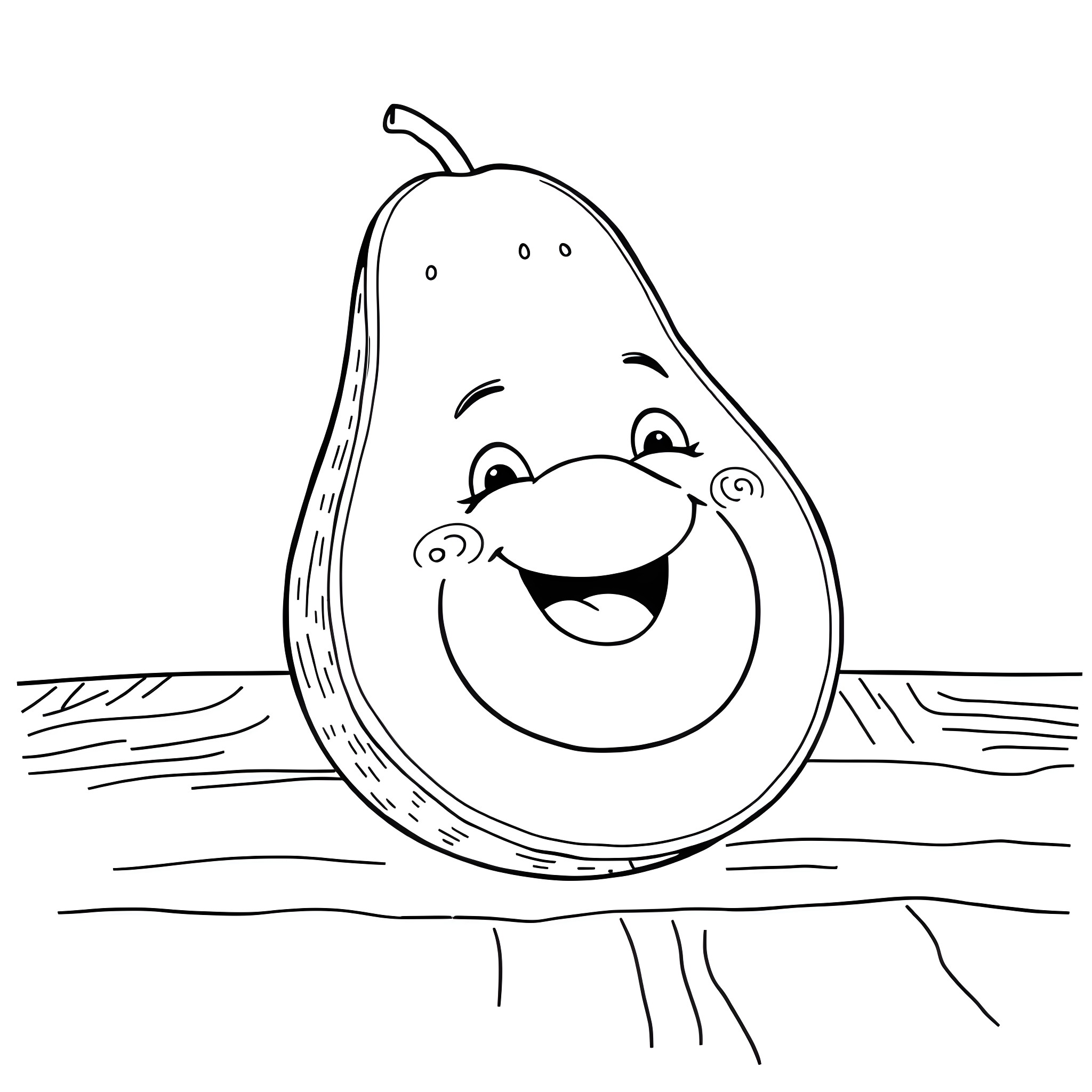 Avocado smiling happily on a wooden surface Coloring Page (free black-and-white line drawing printable PDF for all, from beginners to advanced learners, including children, teens, adults, and seniors)