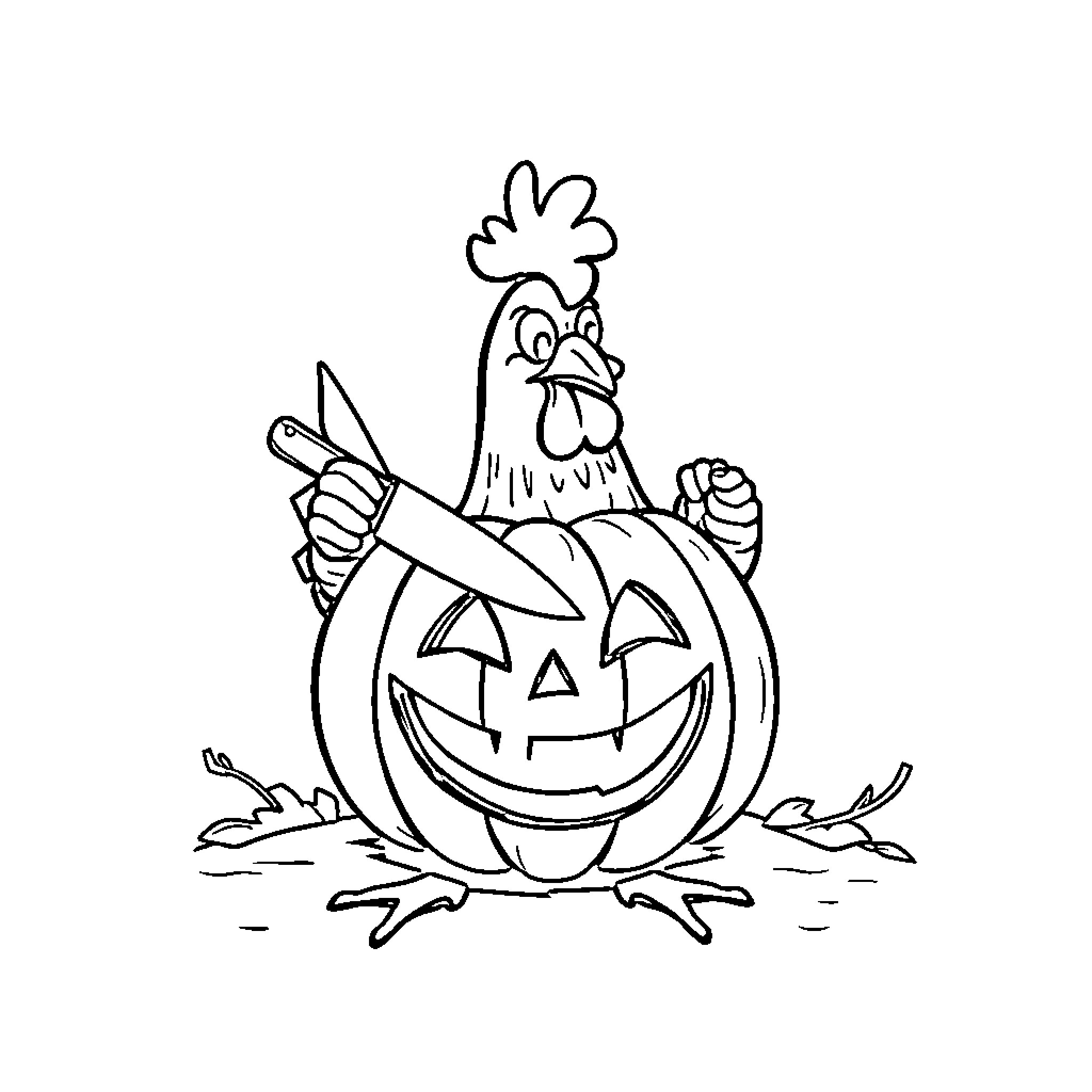 Chicken perched on carved pumpkin Coloring Page (free black-and-white line drawing printable PDF for all, from beginners to advanced learners, including children, teens, adults, and seniors)