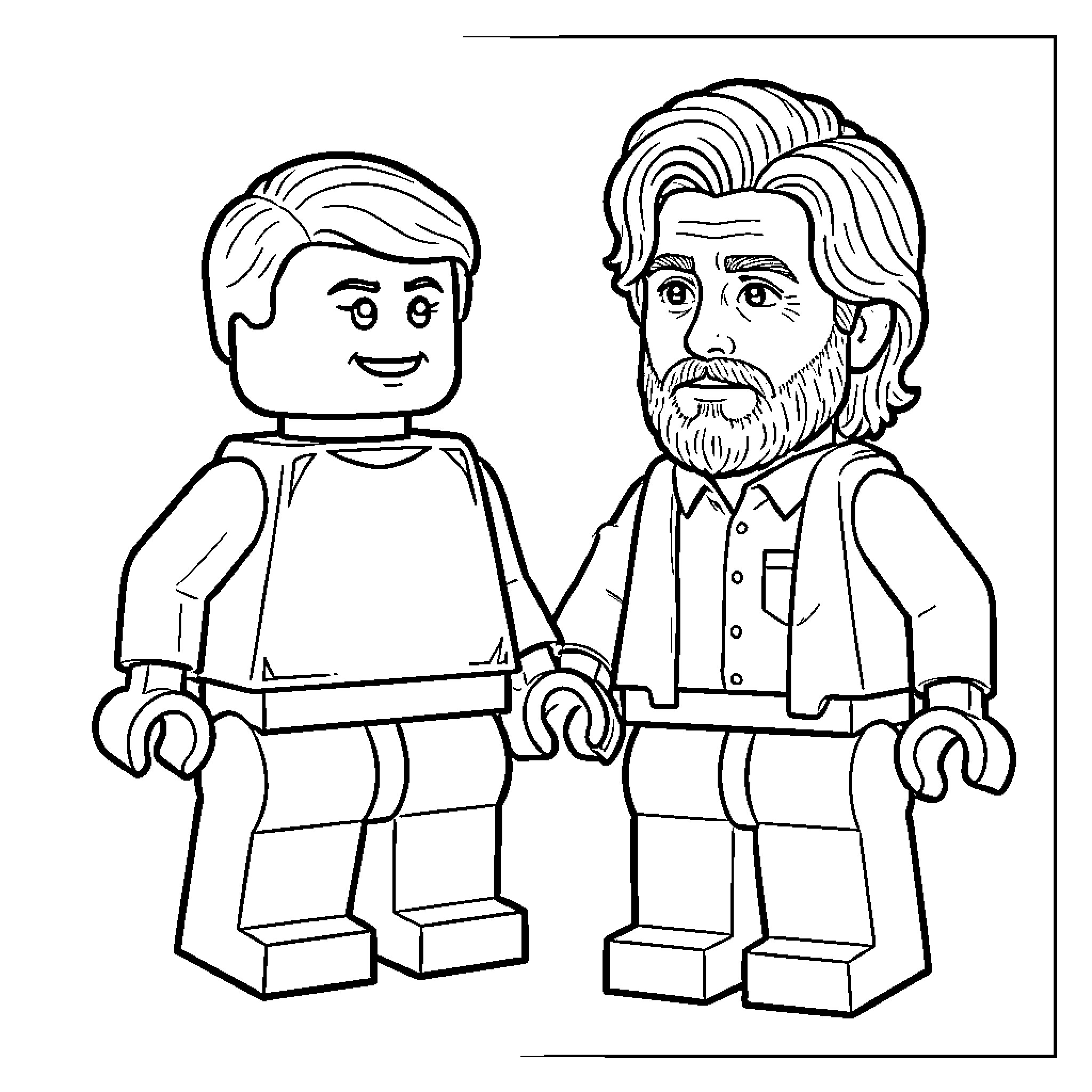 Lego Man characters standing side by side smiling Coloring Page (free black-and-white line drawing printable PDF for all, from beginners to advanced learners, including children, teens, adults, and seniors)