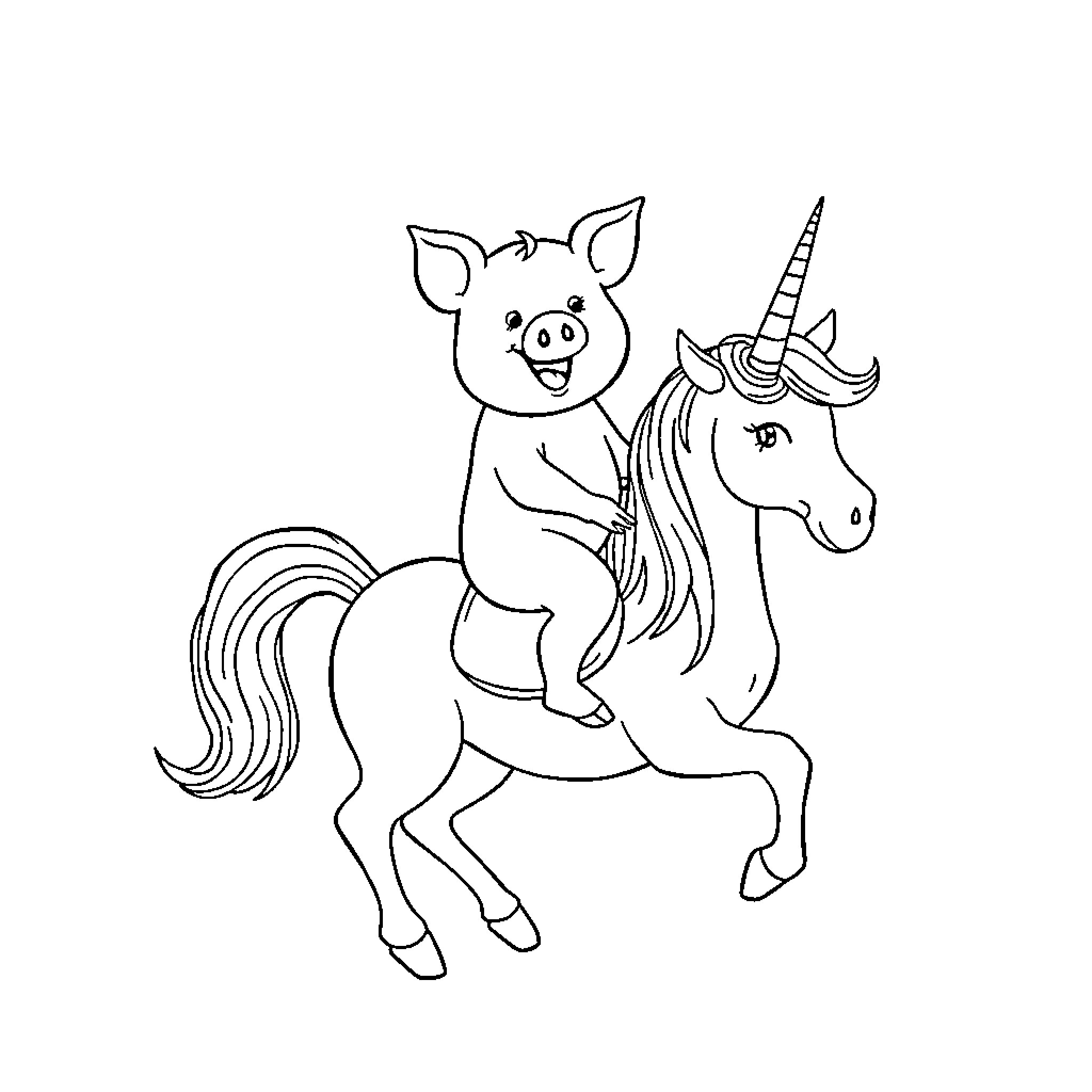 Piggy riding a unicorn in a cheerful scene Coloring Page (free black-and-white line drawing printable PDF for all, from beginners to advanced learners, including children, teens, adults, and seniors)