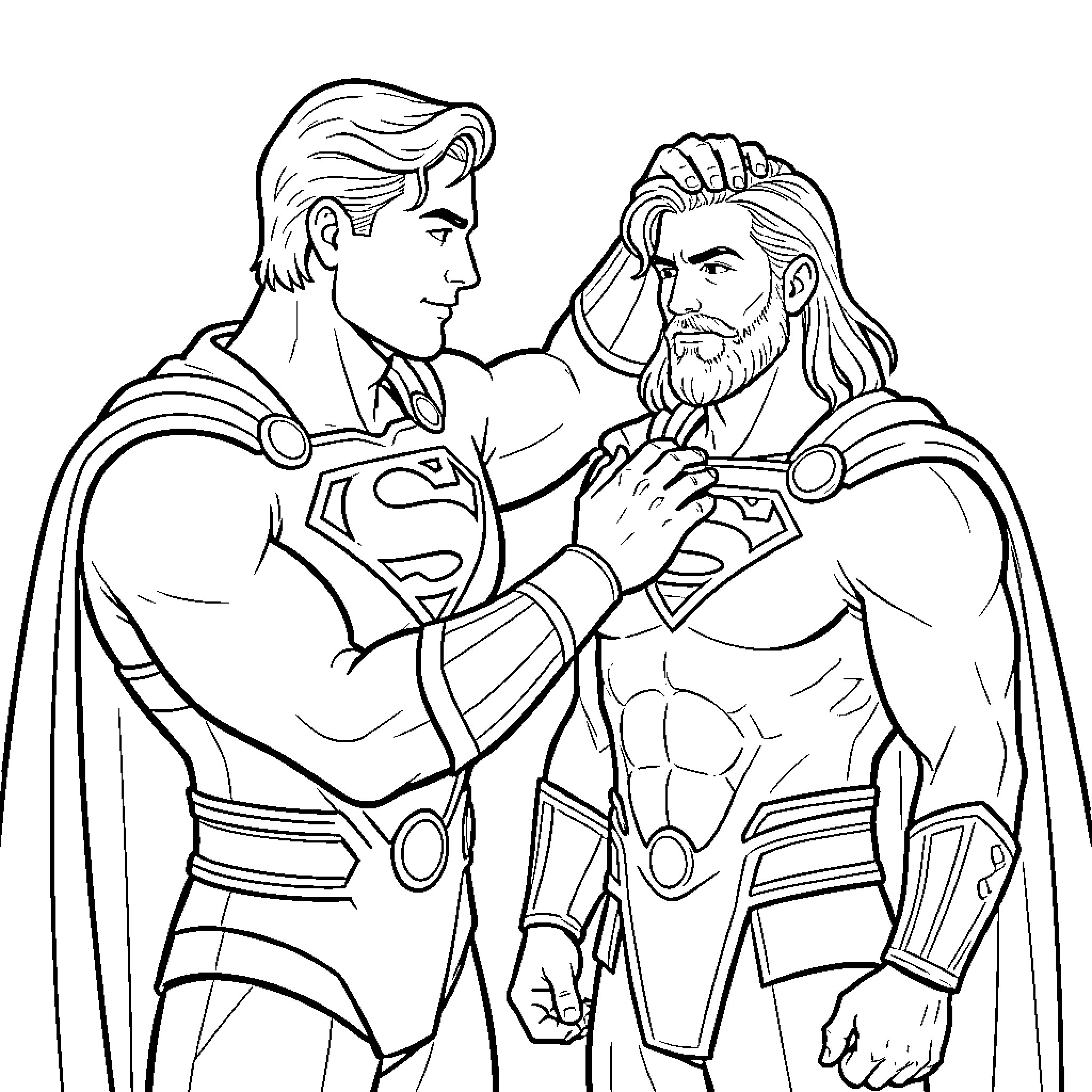 Superman comforting a bearded superhero ally Coloring Page (free black-and-white line drawing printable PDF for all, from beginners to advanced learners, including children, teens, adults, and seniors)