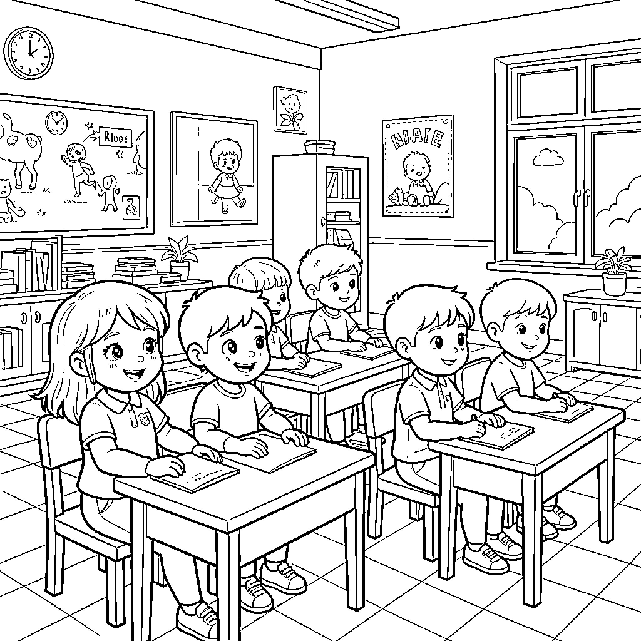 Niño and classmates sitting at desks in a classroom Coloring Page (free black-and-white line drawing printable PDF for all, from beginners to advanced learners, including children, teens, adults, and seniors)
