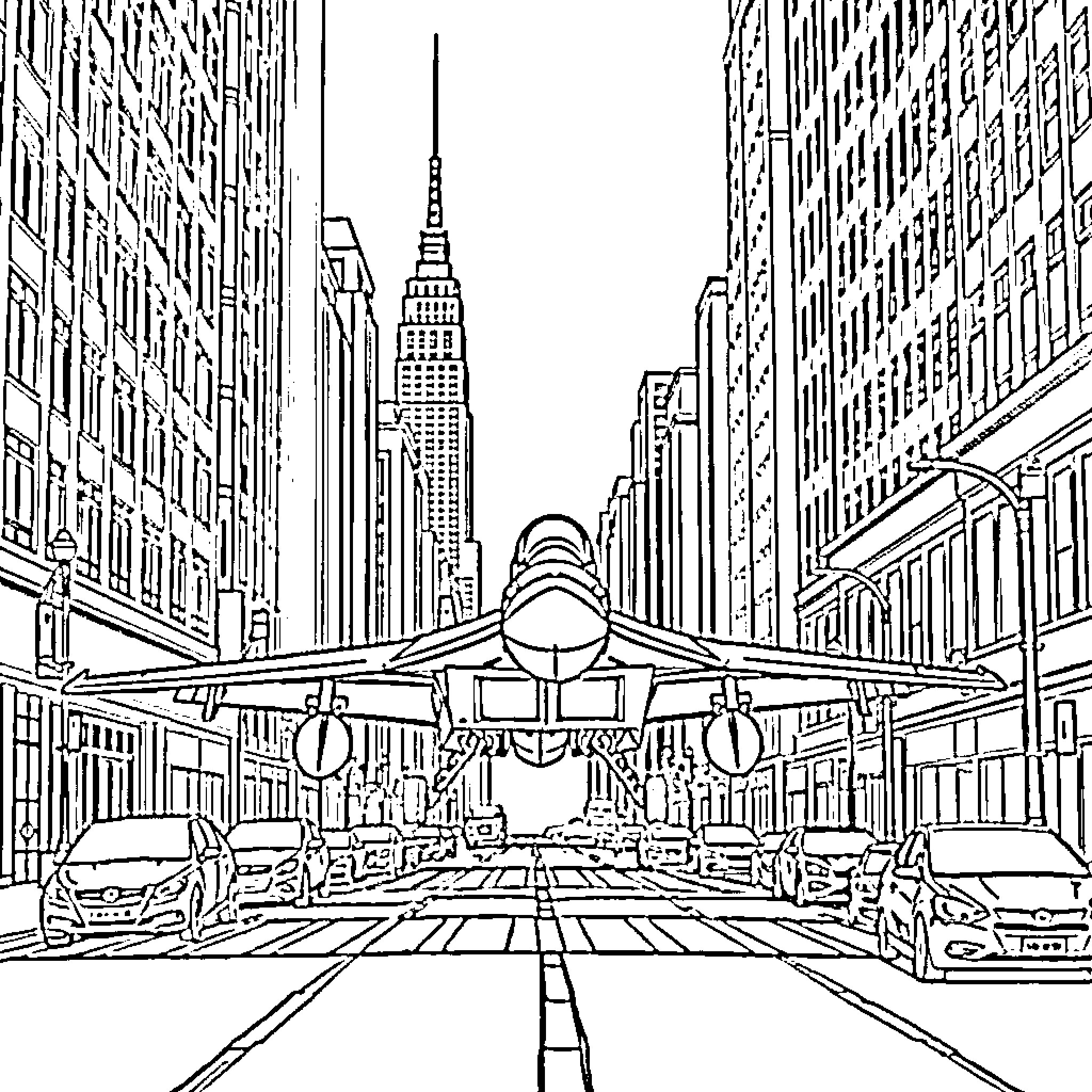 F18 Jet Fighter in Urban Cityscape Coloring Page (free black-and-white line drawing printable PDF for all, from beginners to advanced learners, including children, teens, adults, and seniors)