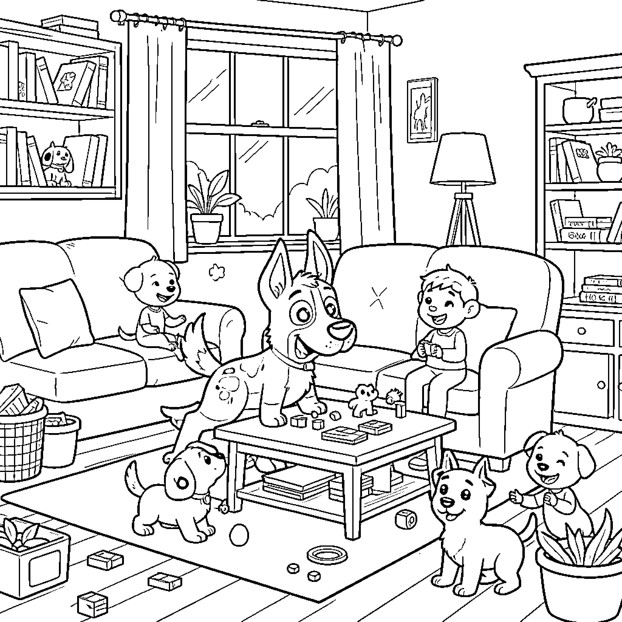 Bluey and friends playing together in a living room Coloring Page (free black-and-white line drawing printable PDF for all, from beginners to advanced learners, including children, teens, adults, and seniors)