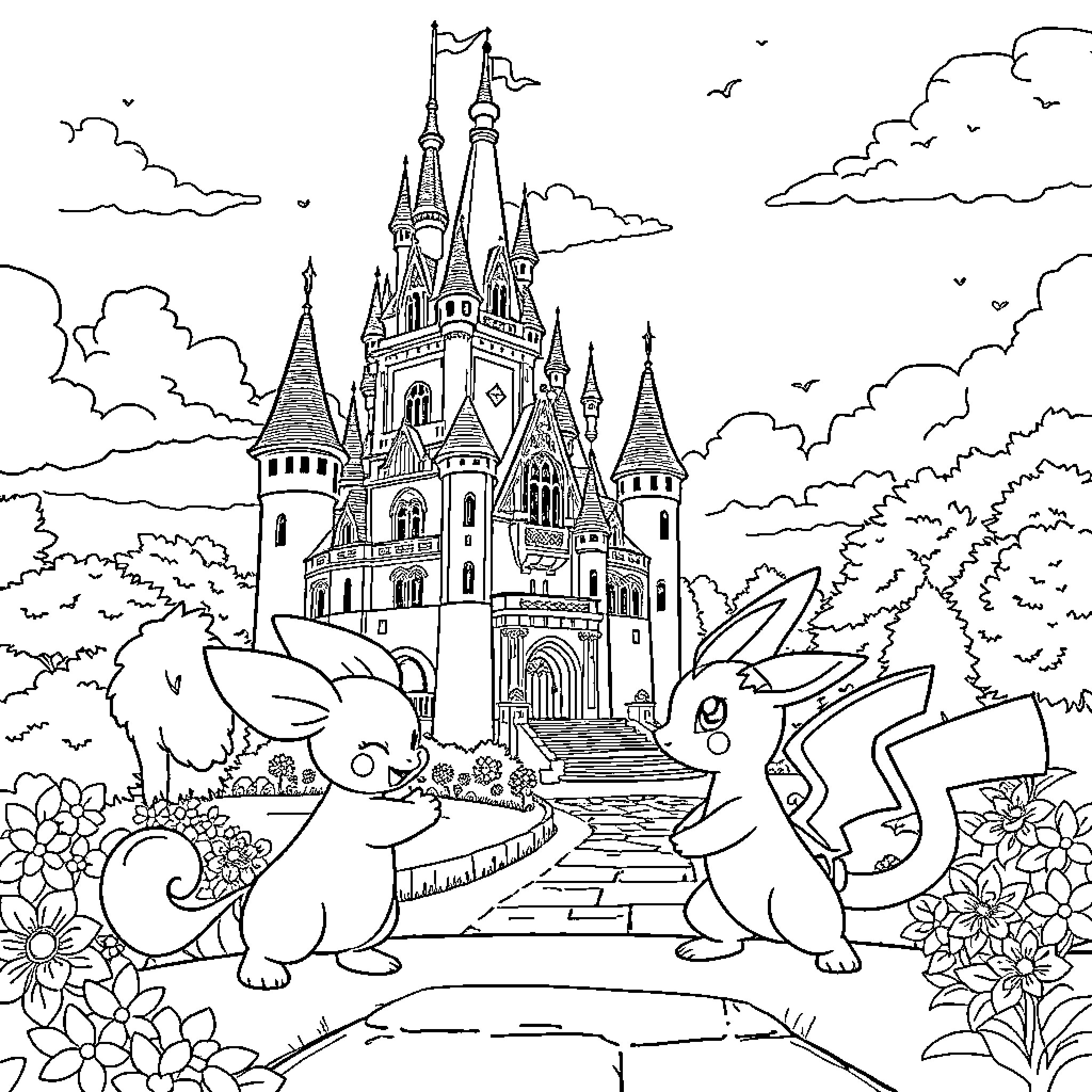 Pokémon Bunnies Explore Enchanted Castle Landscape Coloring Page (free black-and-white line drawing printable PDF for all, from beginners to advanced learners, including children, teens, adults, and seniors)