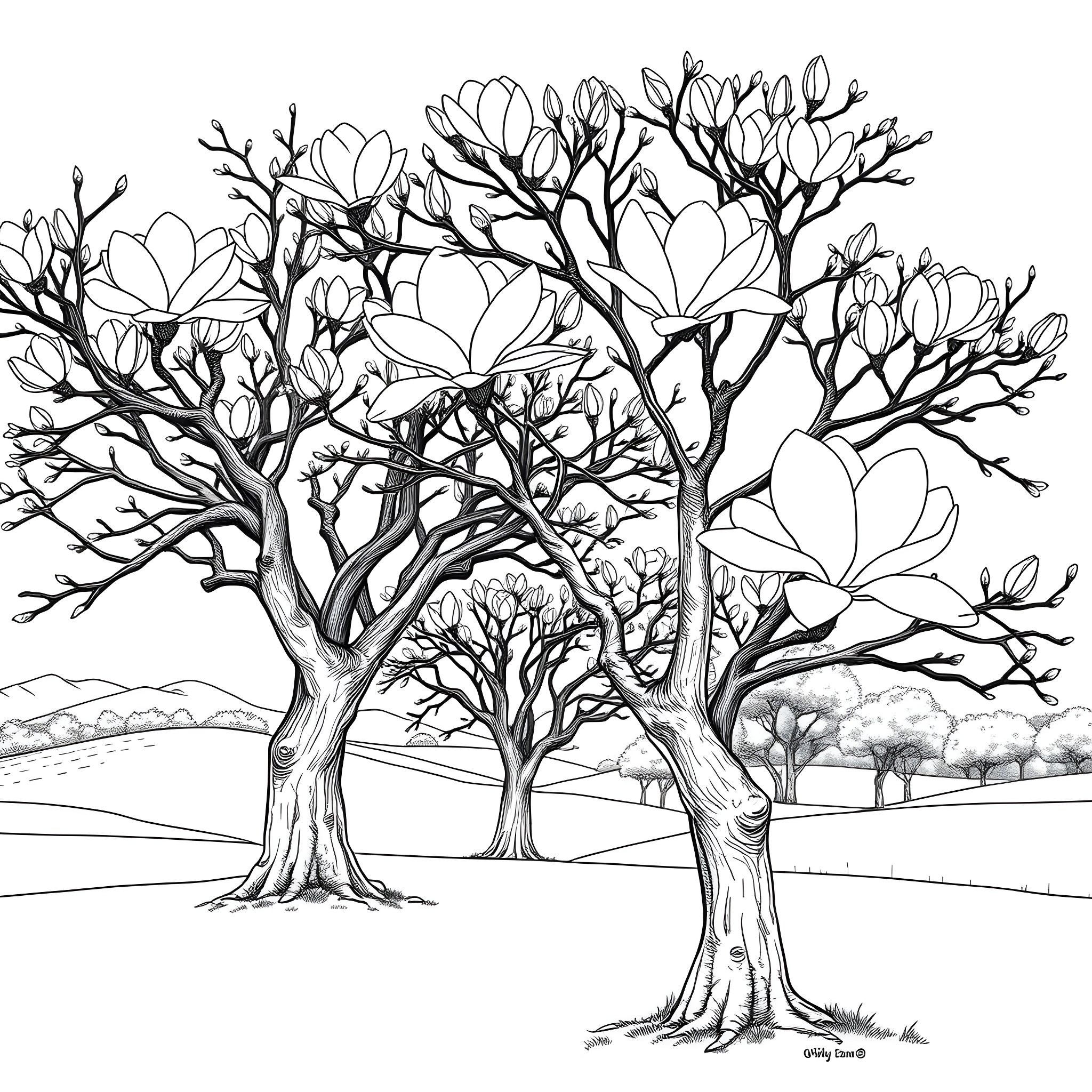Magnolia Trees in Bloom Coloring Page (free black-and-white line drawing printable PDF for all, from beginners to advanced learners, including children, teens, adults, and seniors)