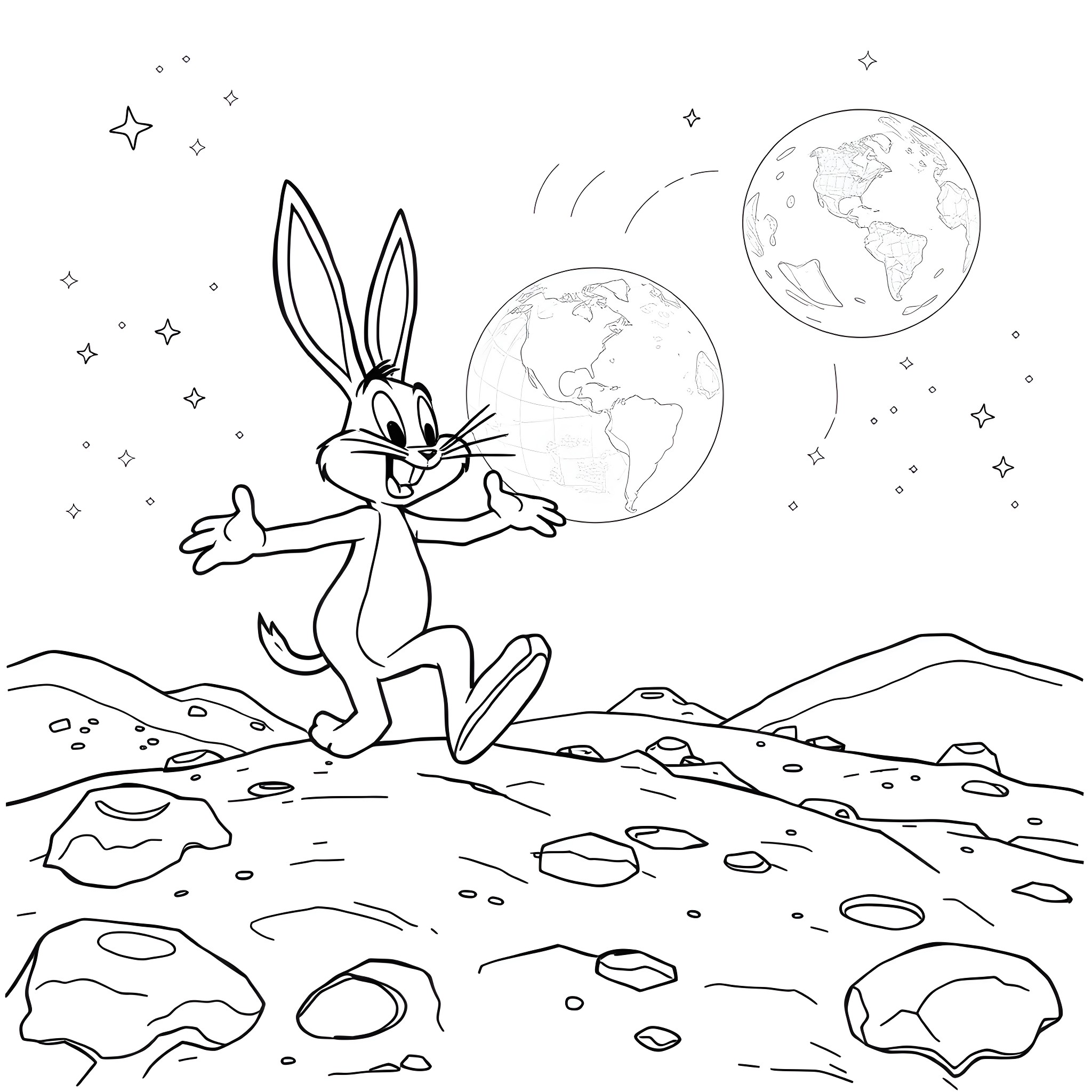 Bugs Bunny exploring the lunar landscape Coloring Page (free black-and-white line drawing printable PDF for all, from beginners to advanced learners, including children, teens, adults, and seniors)