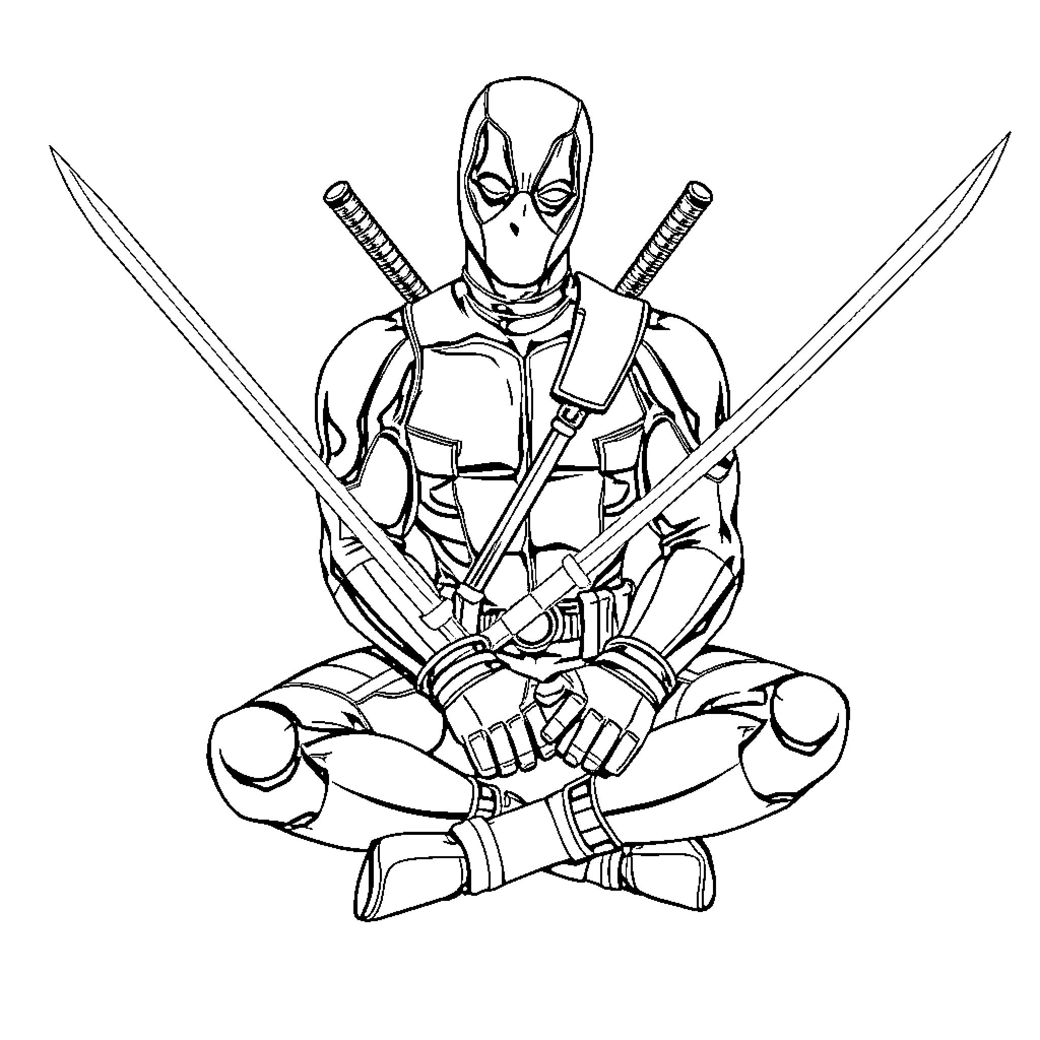 Deadpool in action-packed combat pose Coloring Page (free black-and-white line drawing printable PDF for all, from beginners to advanced learners, including children, teens, adults, and seniors)