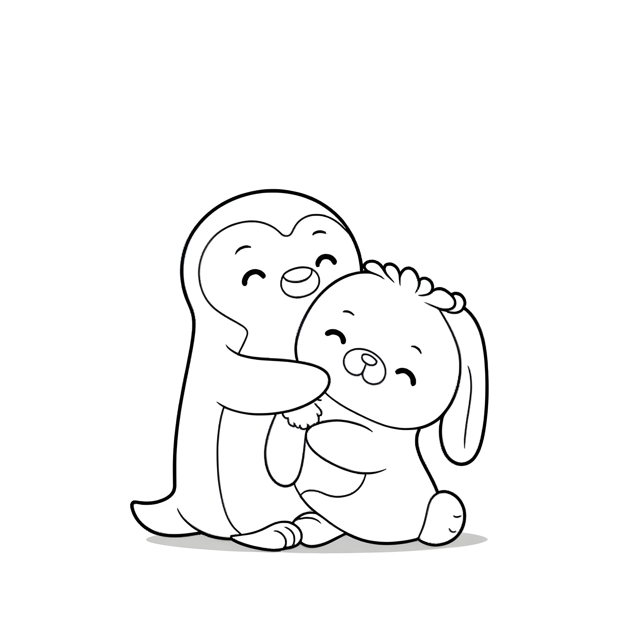 Penguins cuddling and hugging affectionately Coloring Page (free black-and-white line drawing printable PDF for all, from beginners to advanced learners, including children, teens, adults, and seniors)