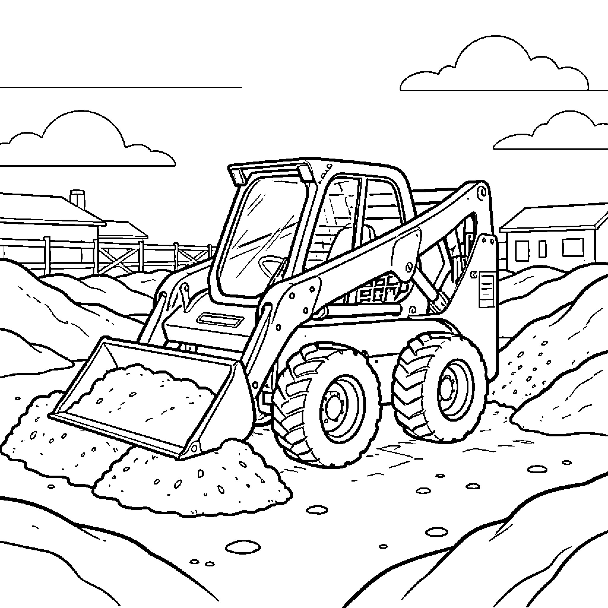 Skid Steer Loader moving piles of dirt at a construction site Coloring Page (free black-and-white line drawing printable PDF for all, from beginners to advanced learners, including children, teens, adults, and seniors)