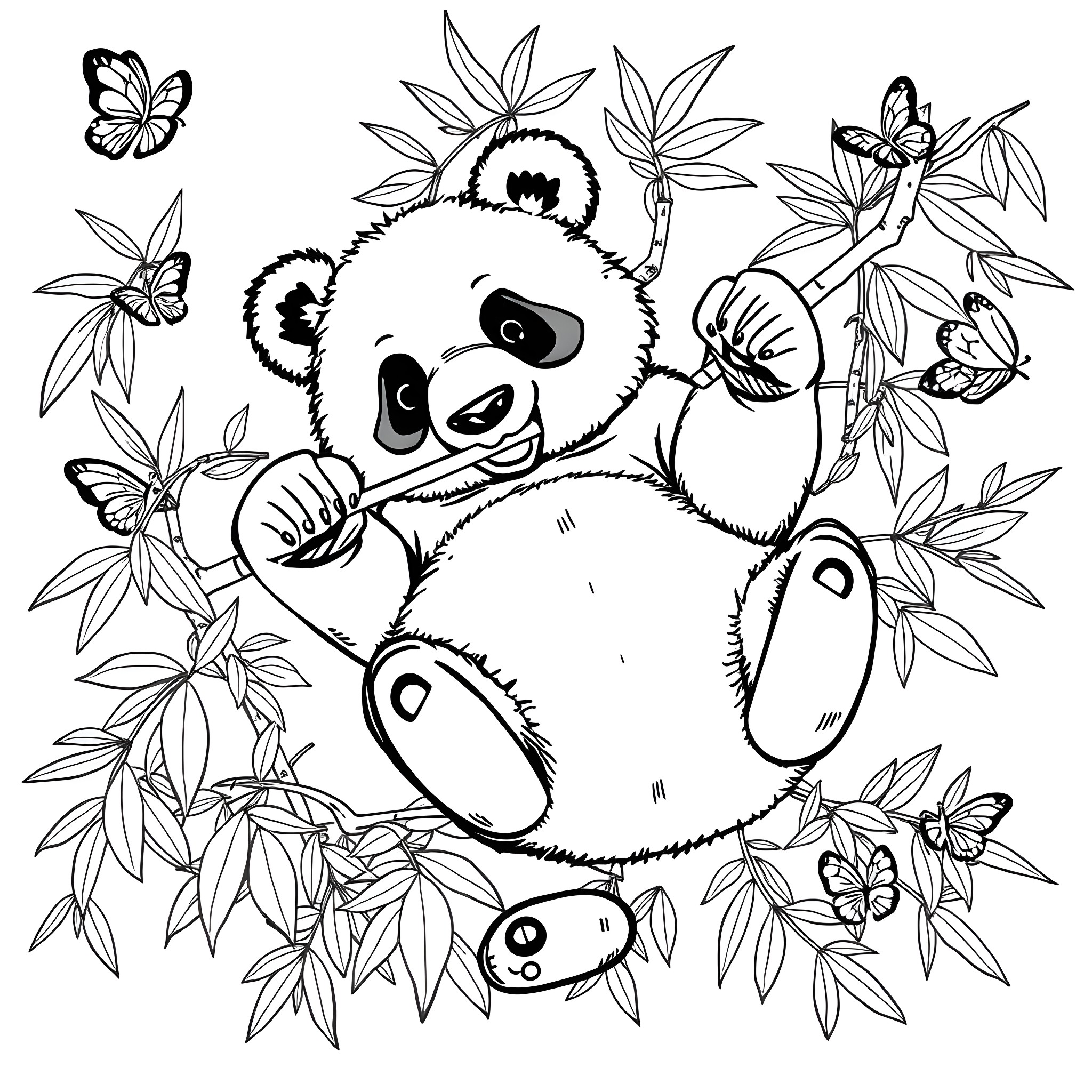 Panda playing happily with butterflies in the forest Coloring Page (free black-and-white line drawing printable PDF for all, from beginners to advanced learners, including children, teens, adults, and seniors)