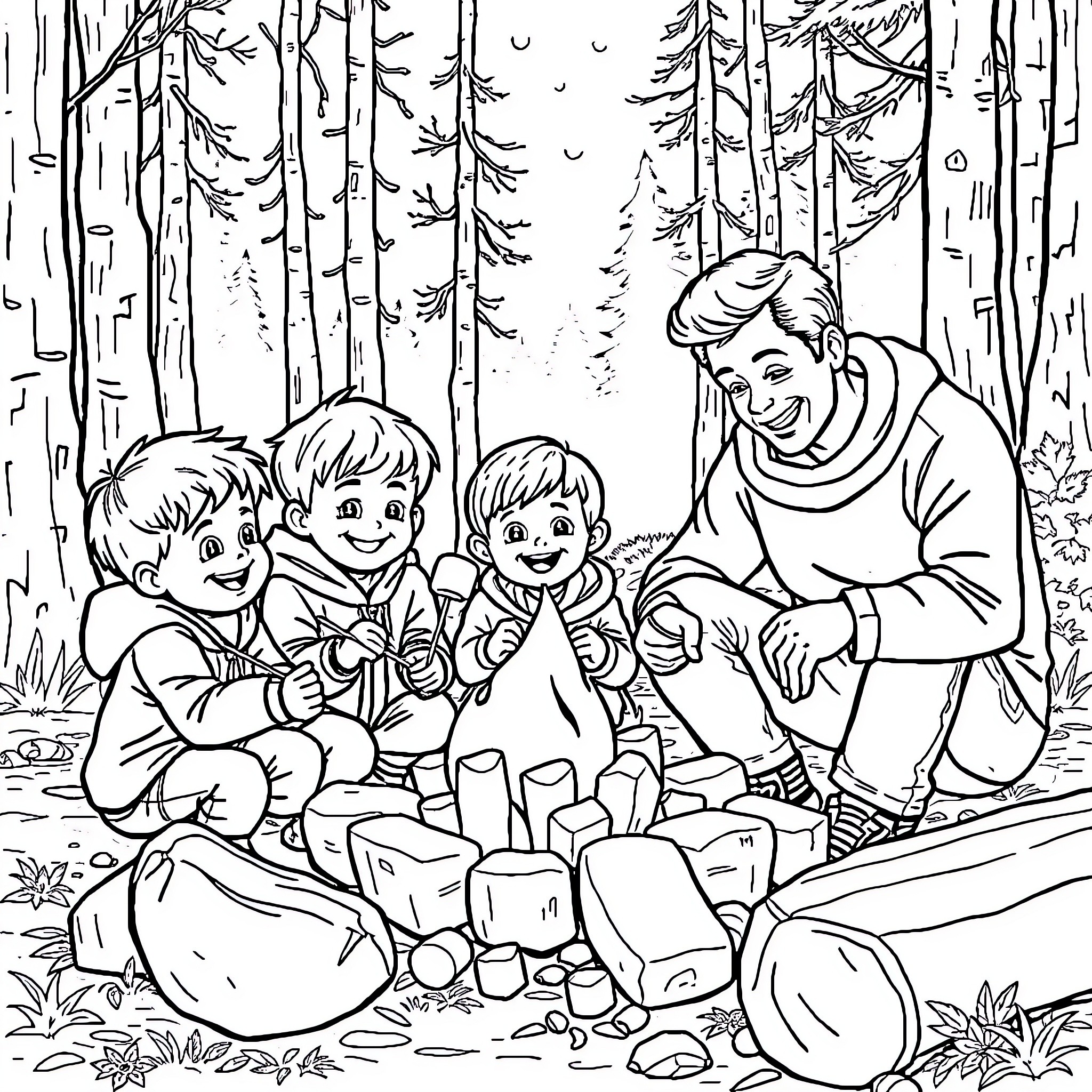 Family Enjoying Outdoor Adventure in the Woods Coloring Page (free black-and-white line drawing printable PDF for all, from beginners to advanced learners, including children, teens, adults, and seniors)