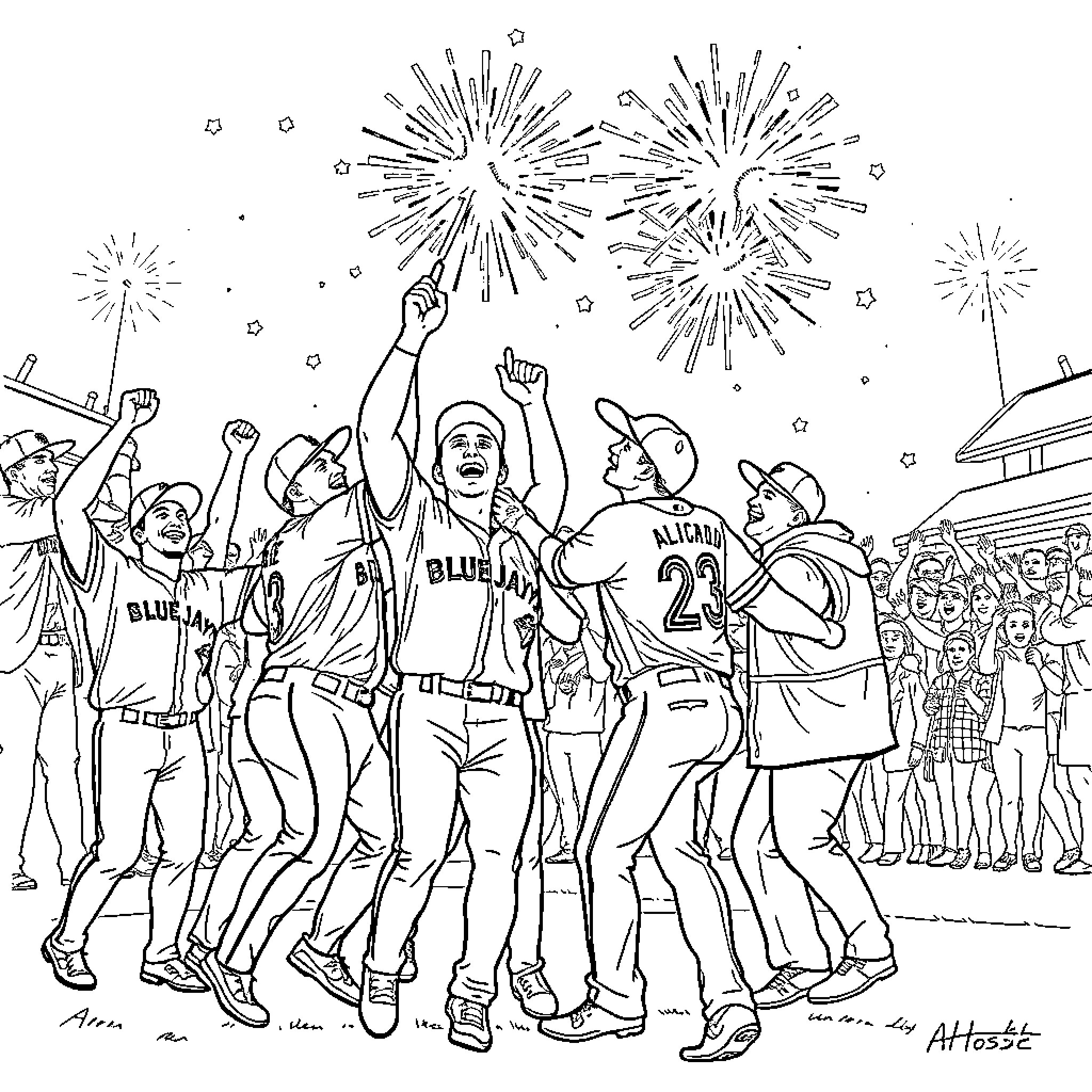 Blue Jay players celebrating championship victory Coloring Page (free black-and-white line drawing printable PDF for all, from beginners to advanced learners, including children, teens, adults, and seniors)