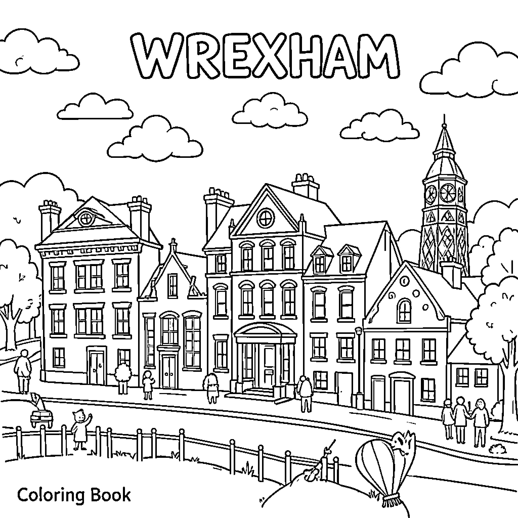 Wrexham cityscape featuring historic buildings and a clock tower Coloring Page (free black-and-white line drawing printable PDF for all, from beginners to advanced learners, including children, teens, adults, and seniors)