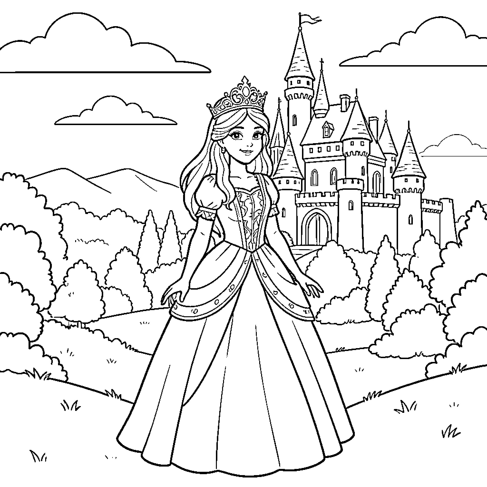 Princess standing gracefully in front of a castle Coloring Page (free black-and-white line drawing printable PDF for all, from beginners to advanced learners, including children, teens, adults, and seniors)