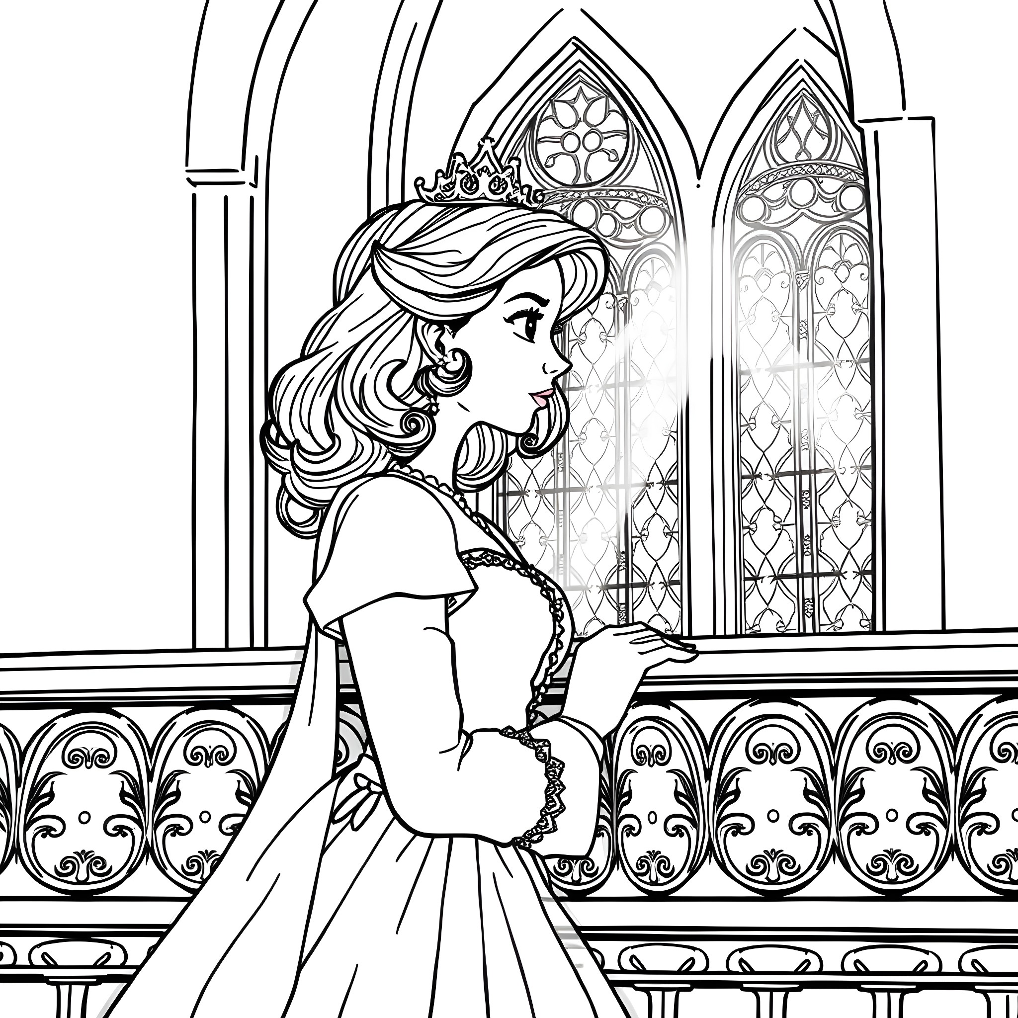 Princess Admiring the Cathedral's Stained Glass Coloring Page (free black-and-white line drawing printable PDF for all, from beginners to advanced learners, including children, teens, adults, and seniors)