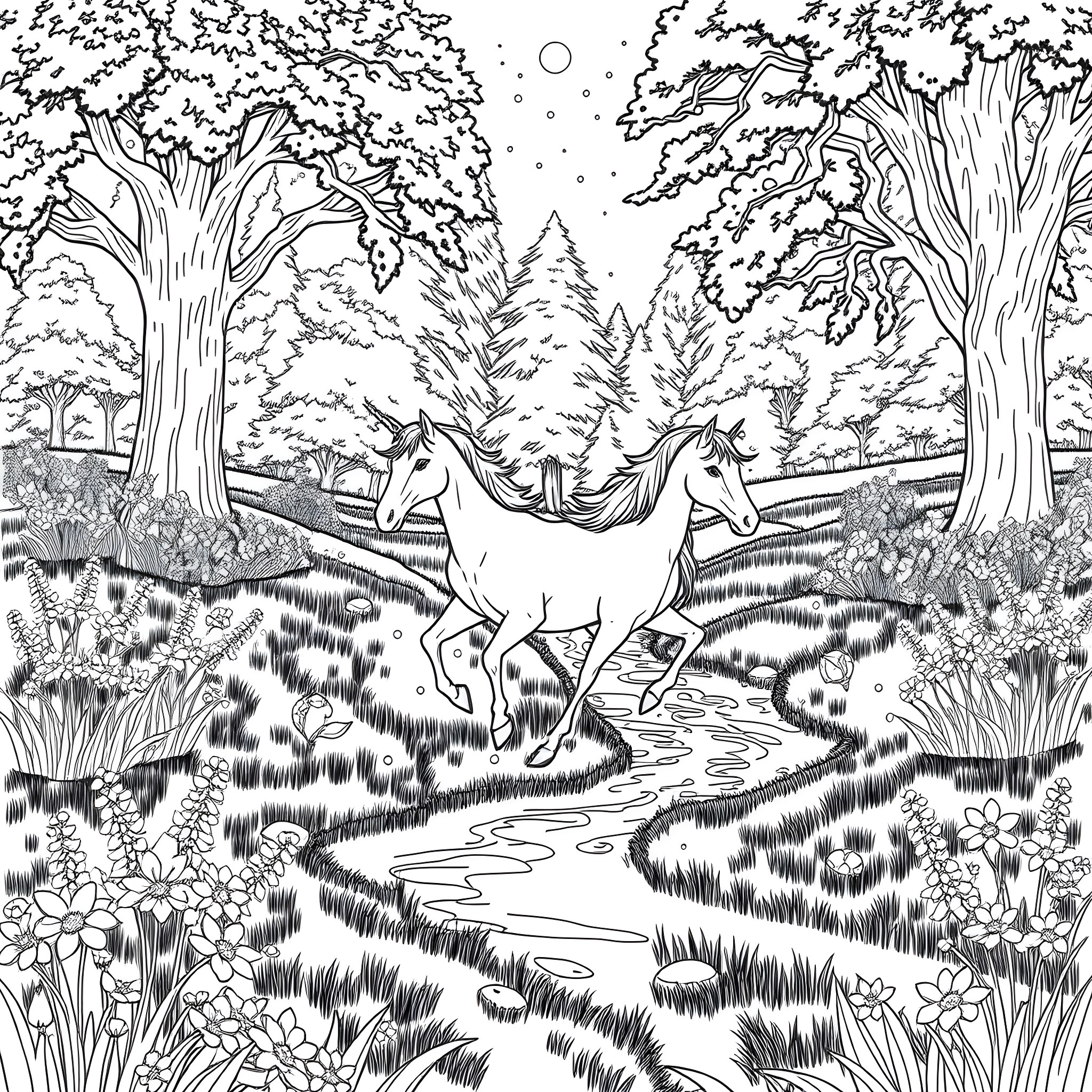 Unicorn Running Through Enchanted Forest Coloring Page (free black-and-white line drawing printable PDF for all, from beginners to advanced learners, including children, teens, adults, and seniors)