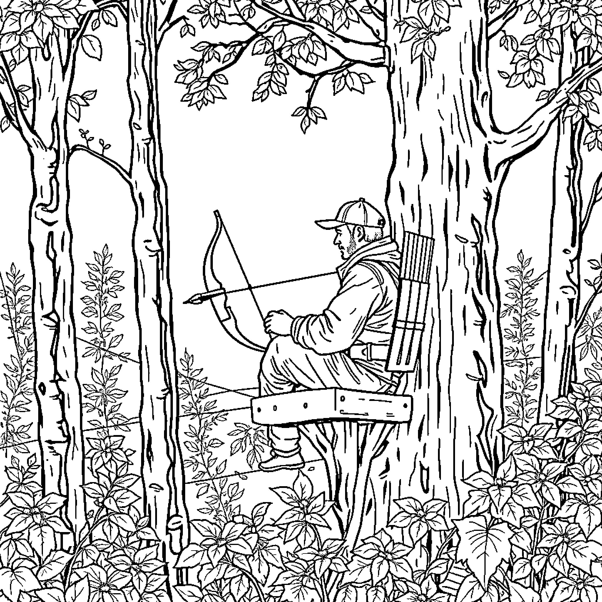 Bow Hunter Relaxing in the Lush Forest Coloring Page (free black-and-white line drawing printable PDF for all, from beginners to advanced learners, including children, teens, adults, and seniors)