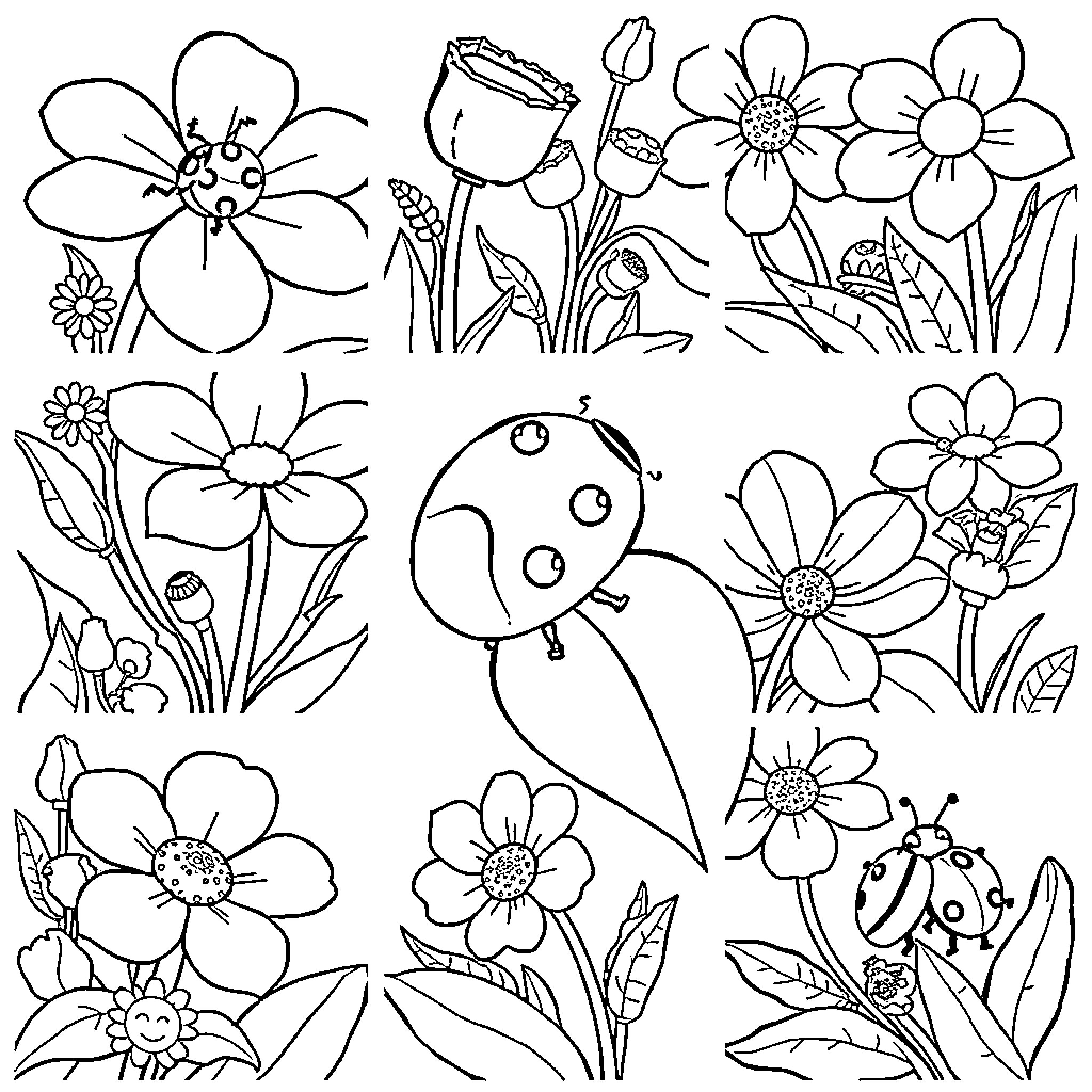 Ladybug exploring a field of flowers Coloring Page (free black-and-white line drawing printable PDF for all, from beginners to advanced learners, including children, teens, adults, and seniors)