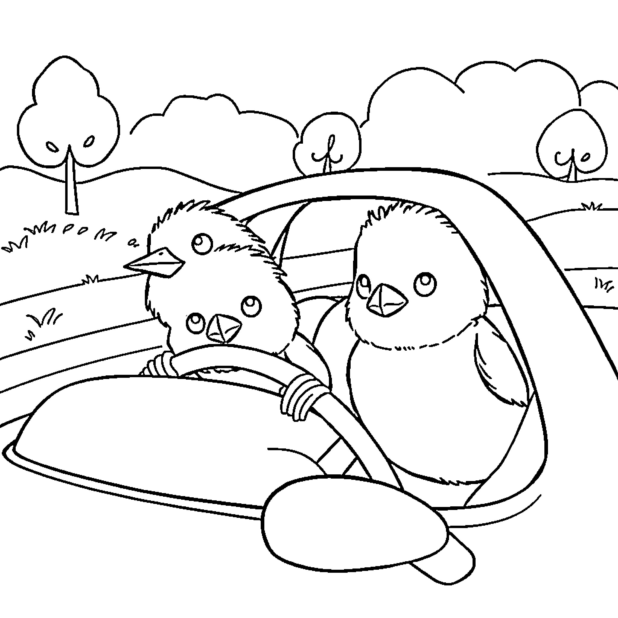Pappit chicks enjoying a playful outdoor scene Coloring Page (free black-and-white line drawing printable PDF for all, from beginners to advanced learners, including children, teens, adults, and seniors)