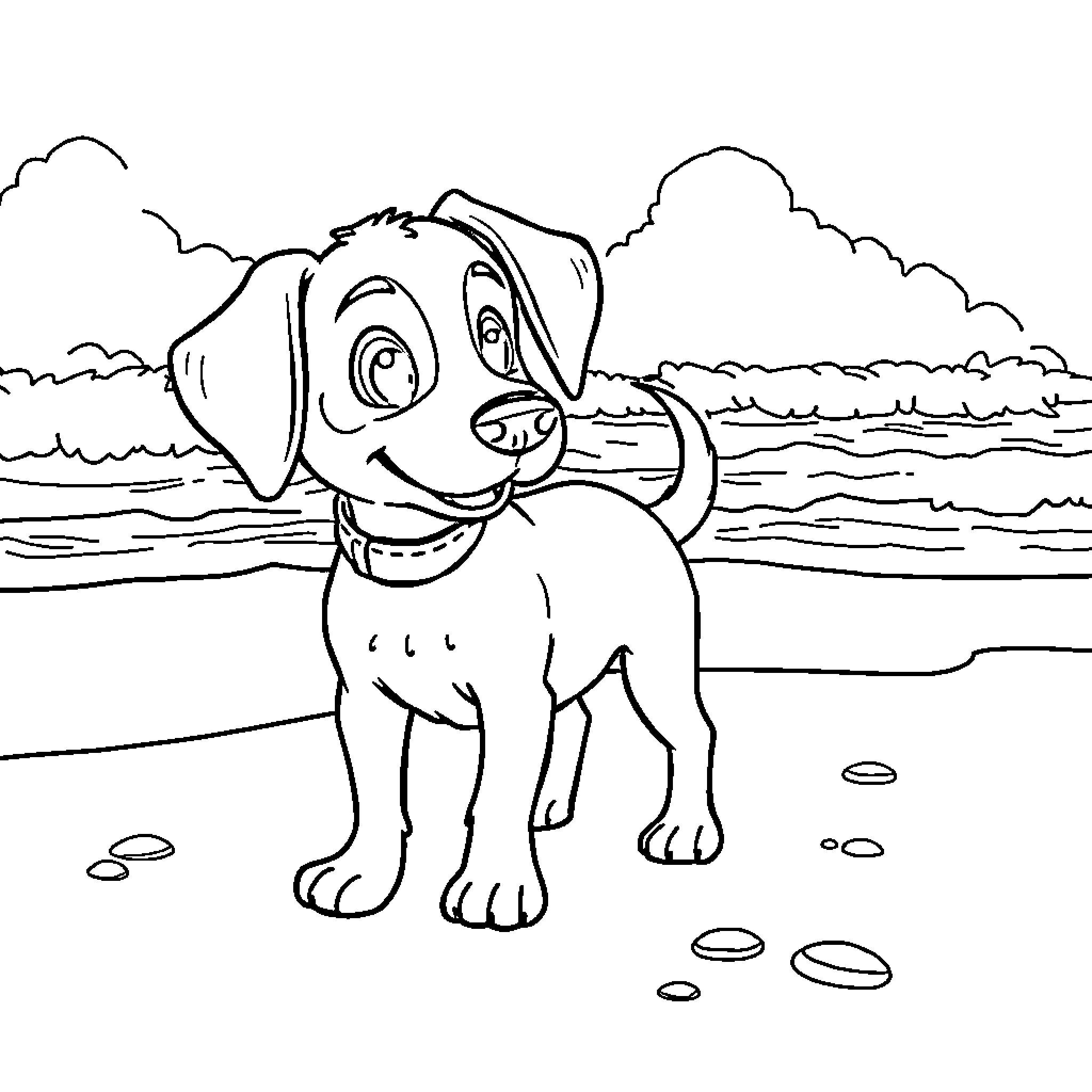 Spydie the Playful Puppy on the Beach Coloring Page (free black-and-white line drawing printable PDF for all, from beginners to advanced learners, including children, teens, adults, and seniors)