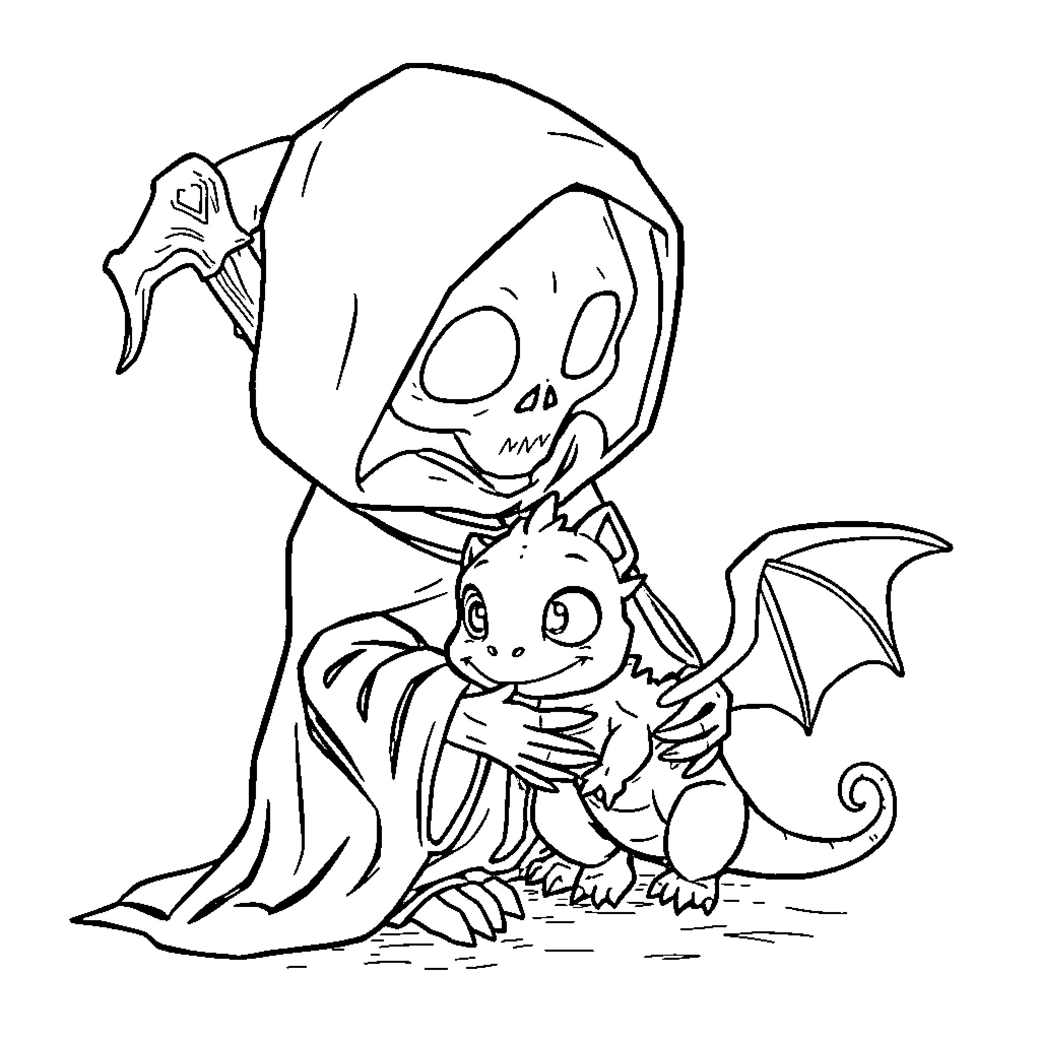 Grim Reaper comforting a frightened baby dragon Coloring Page (free black-and-white line drawing printable PDF for all, from beginners to advanced learners, including children, teens, adults, and seniors)