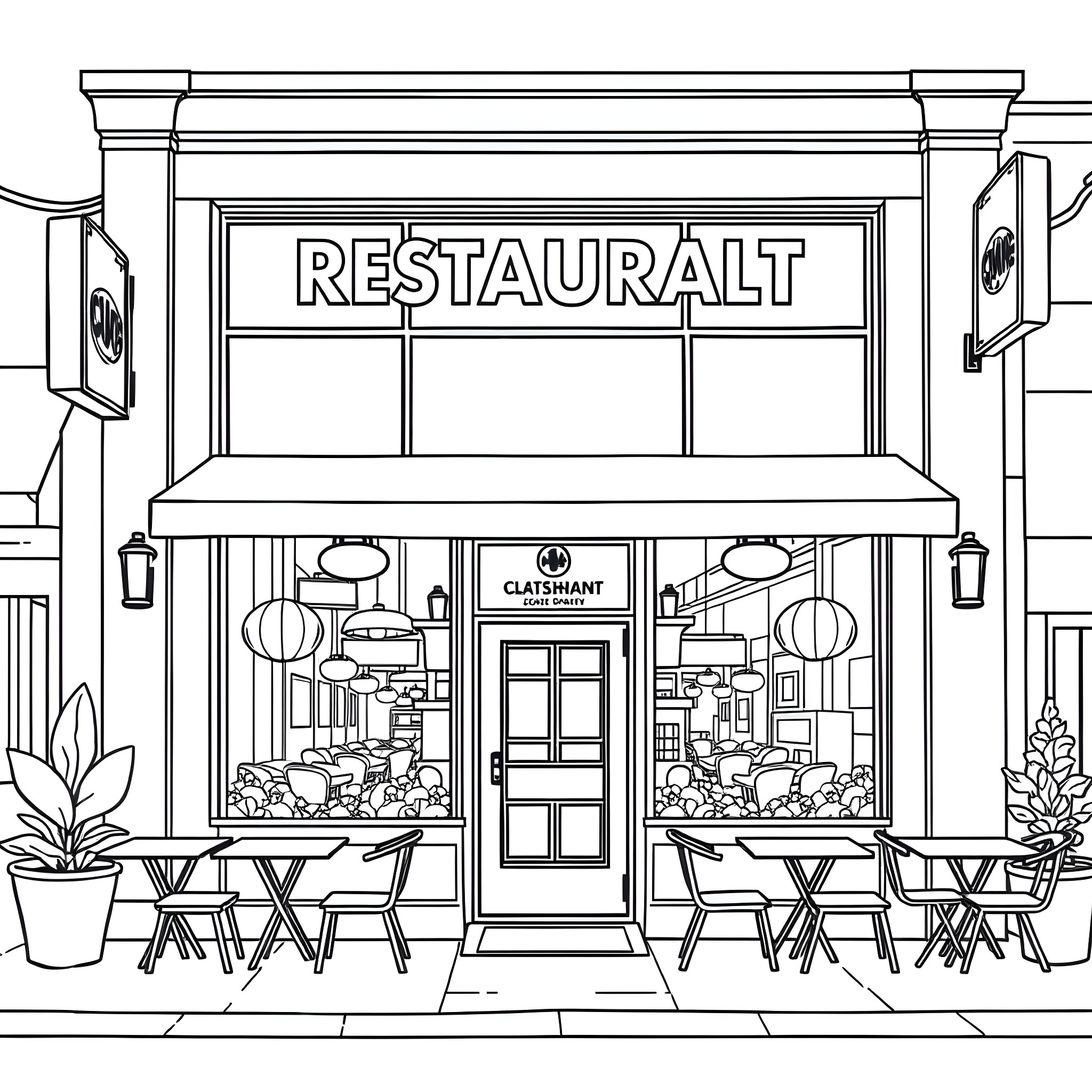 Real Estate Restaurant Storefront with Outdoor Seating Coloring Page (free black-and-white line drawing printable PDF for all, from beginners to advanced learners, including children, teens, adults, and seniors)