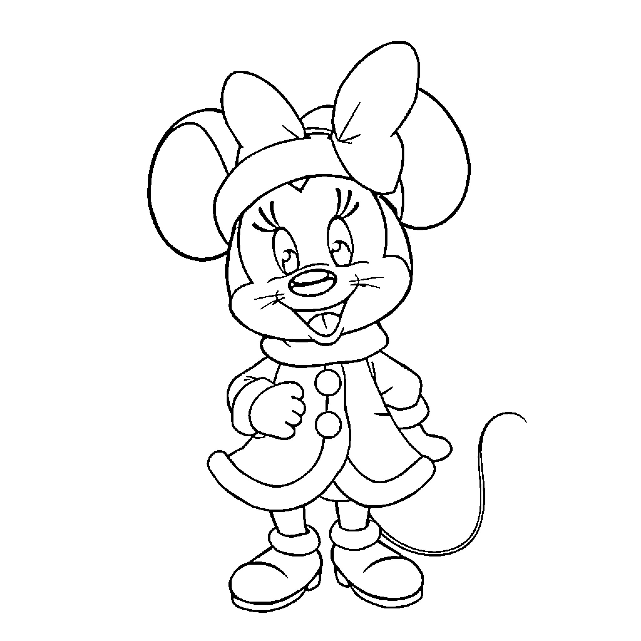 Minnie Mouse in a playful outfit Coloring Page (free black-and-white line drawing printable PDF for all, from beginners to advanced learners, including children, teens, adults, and seniors)