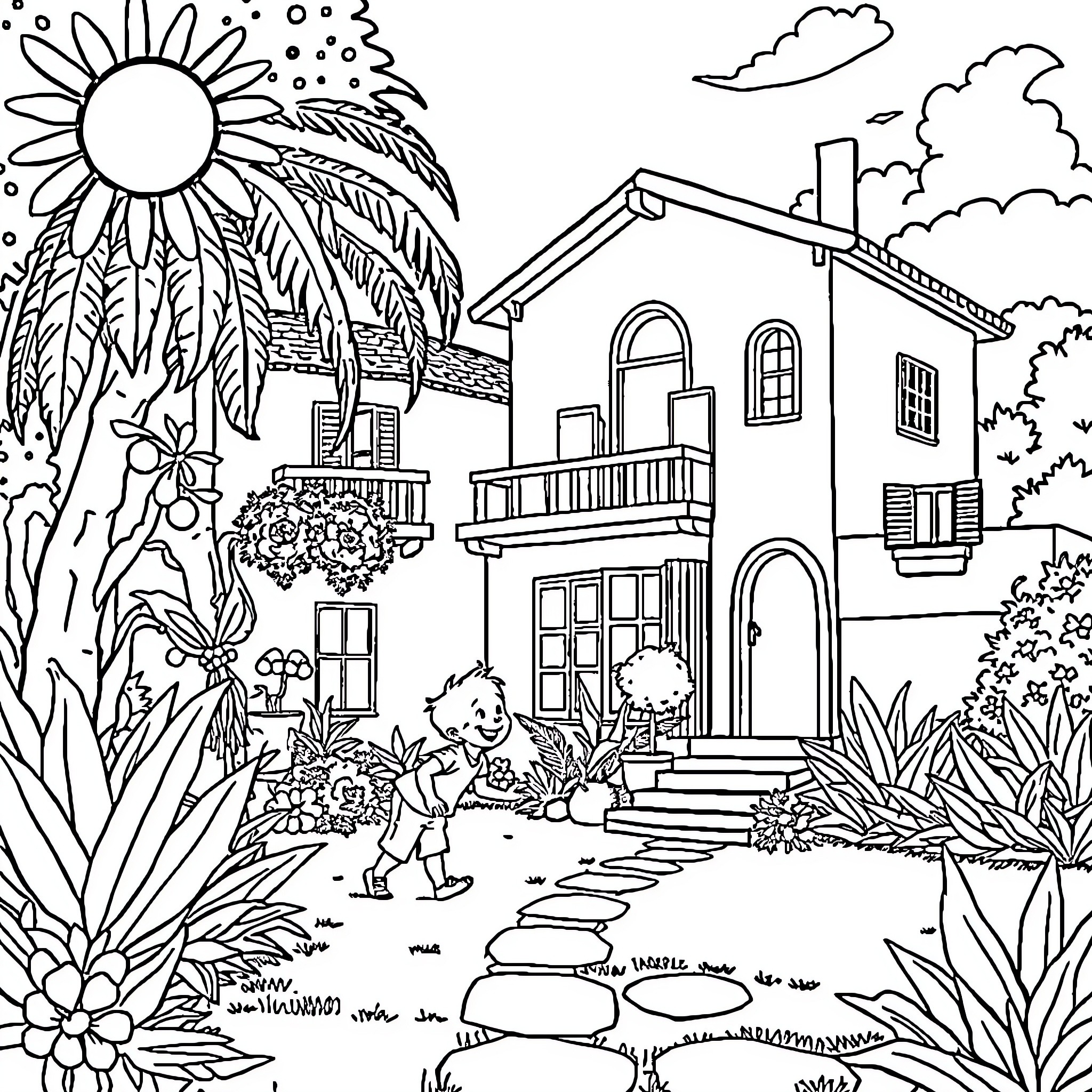 Boy playing happily in a scenic outdoor setting Coloring Page (free black-and-white line drawing printable PDF for all, from beginners to advanced learners, including children, teens, adults, and seniors)
