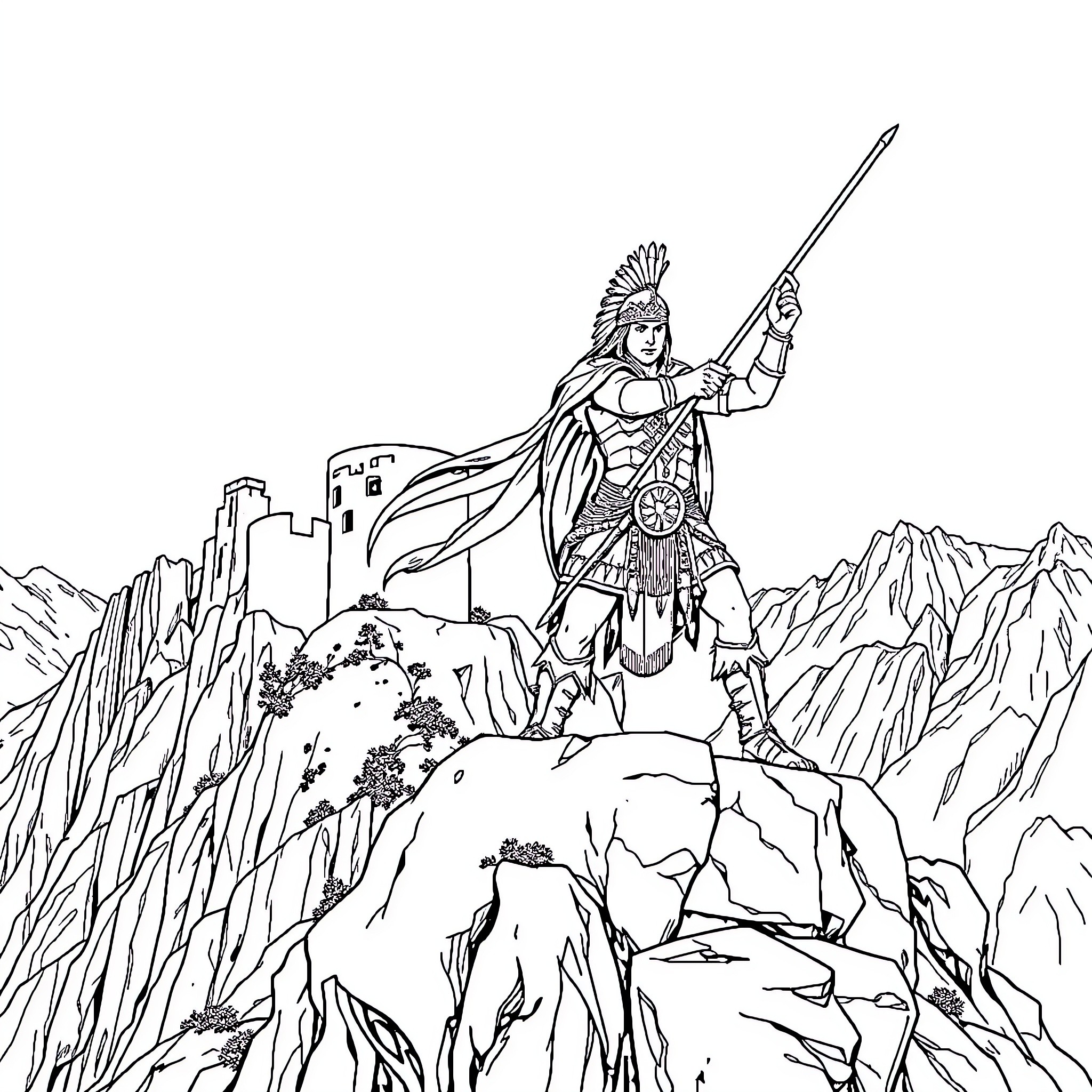 King Posing Majestically on Rocky Terrain Coloring Page (free black-and-white line drawing printable PDF for all, from beginners to advanced learners, including children, teens, adults, and seniors)