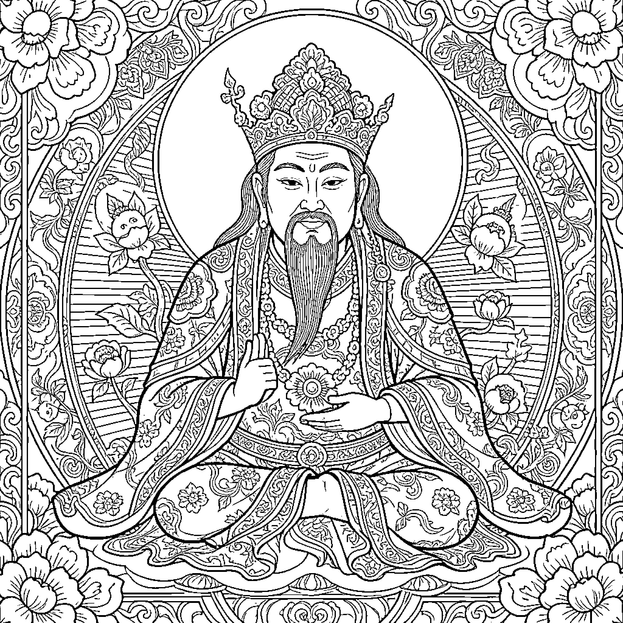 Padmasambhava sitting in meditation wearing ornate royal robes Coloring Page (free black-and-white line drawing printable PDF for all, from beginners to advanced learners, including children, teens, adults, and seniors)
