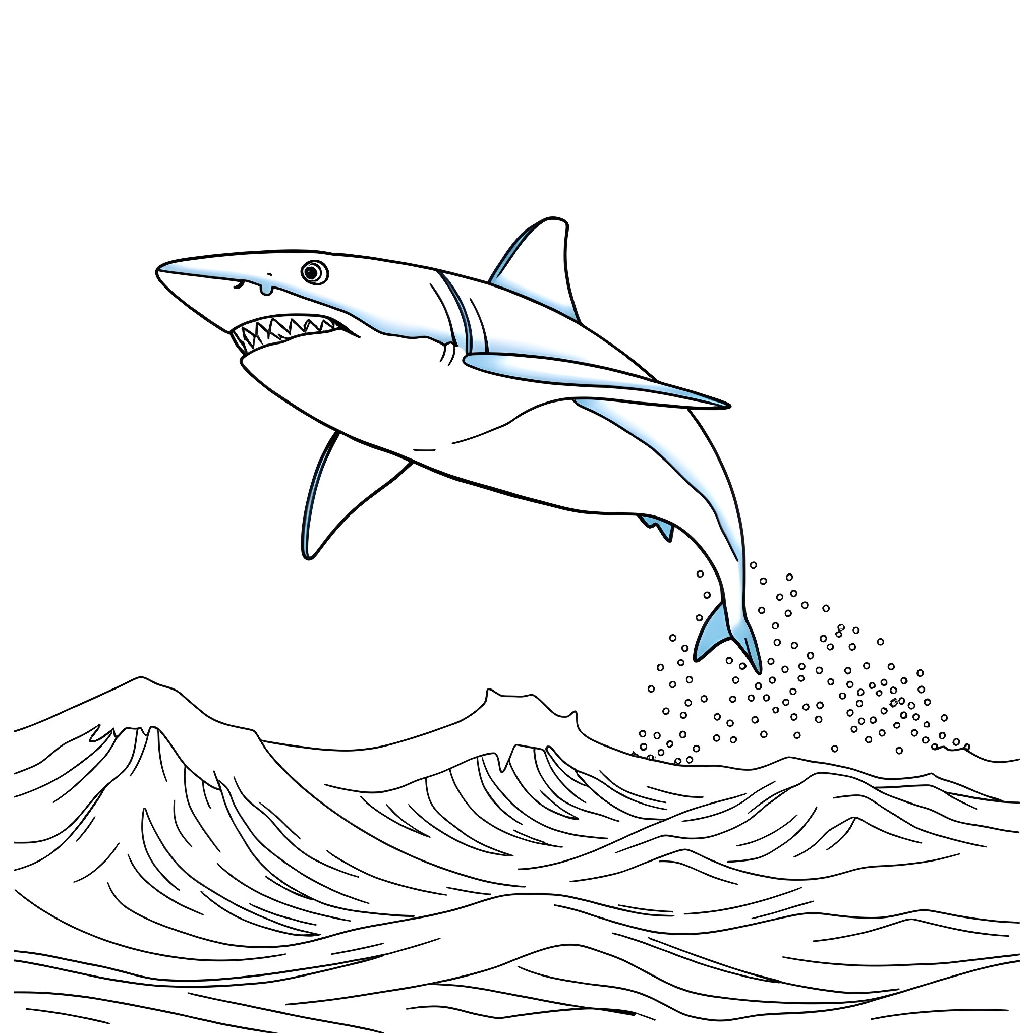 Shark leaping out of the waves Coloring Page (free black-and-white line drawing printable PDF for all, from beginners to advanced learners, including children, teens, adults, and seniors)