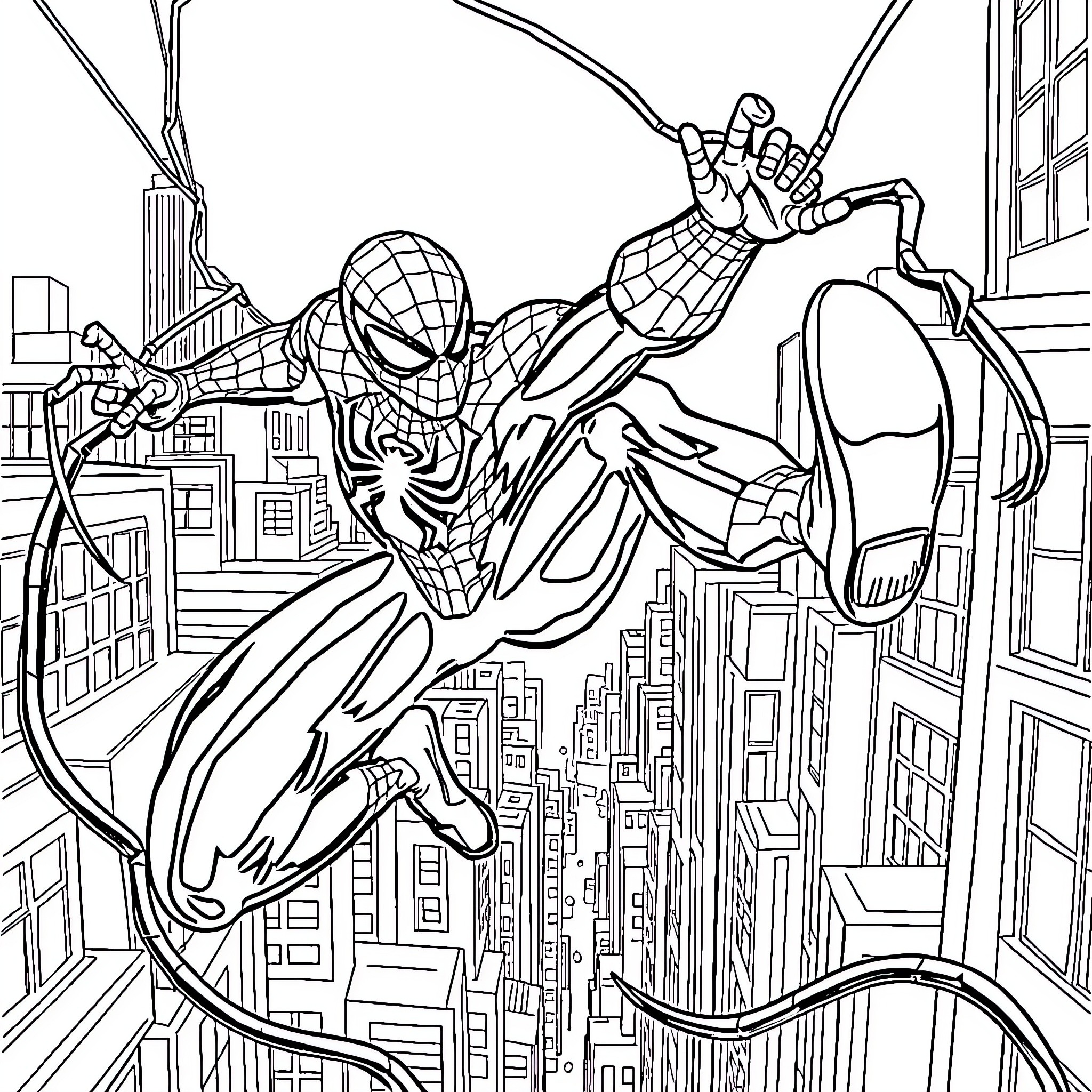 Spider-Man swinging through the city skyline Coloring Page (free black-and-white line drawing printable PDF for all, from beginners to advanced learners, including children, teens, adults, and seniors)