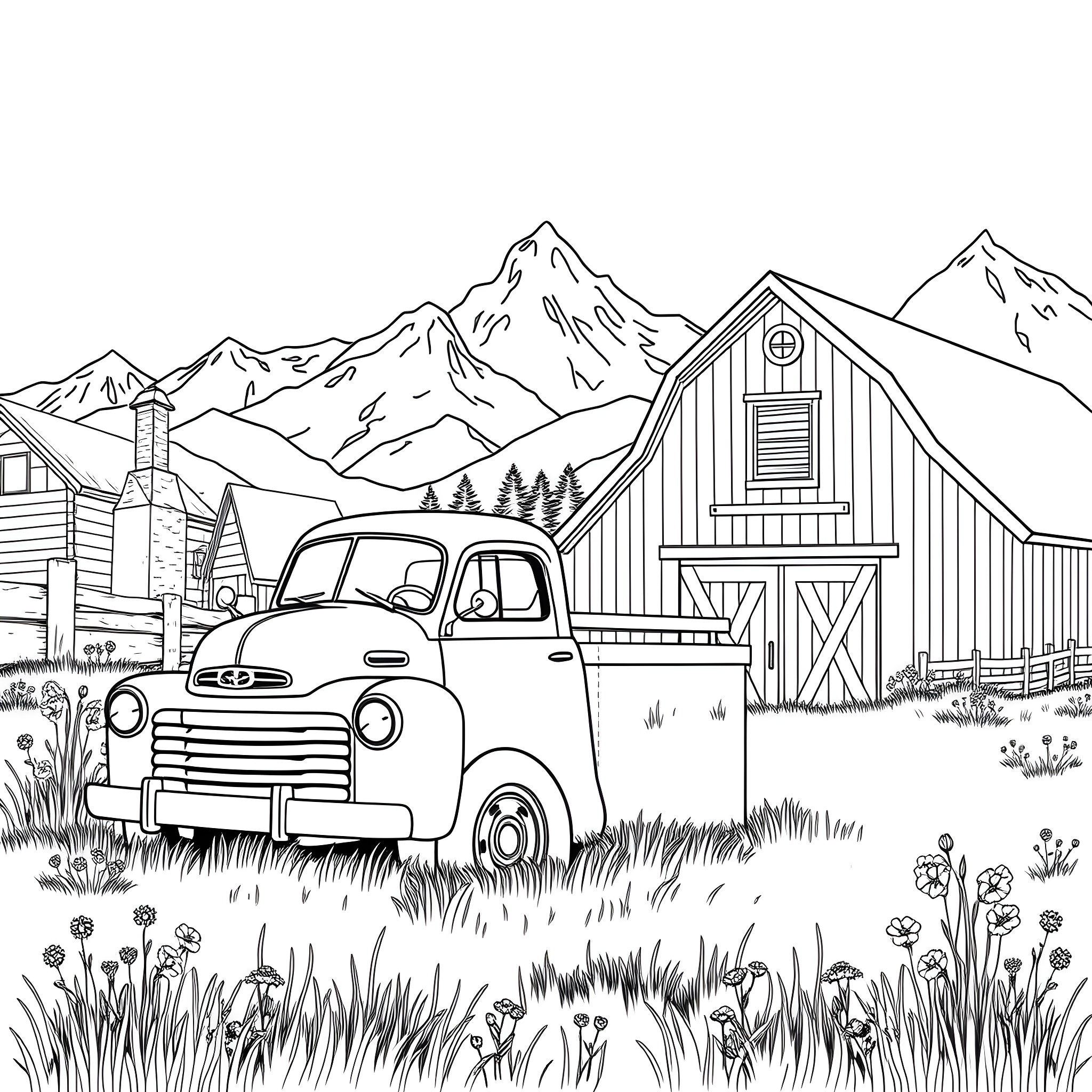 Truck parked near a rustic barn in a scenic mountain landscape Coloring Page (free black-and-white line drawing printable PDF for all, from beginners to advanced learners, including children, teens, adults, and seniors)
