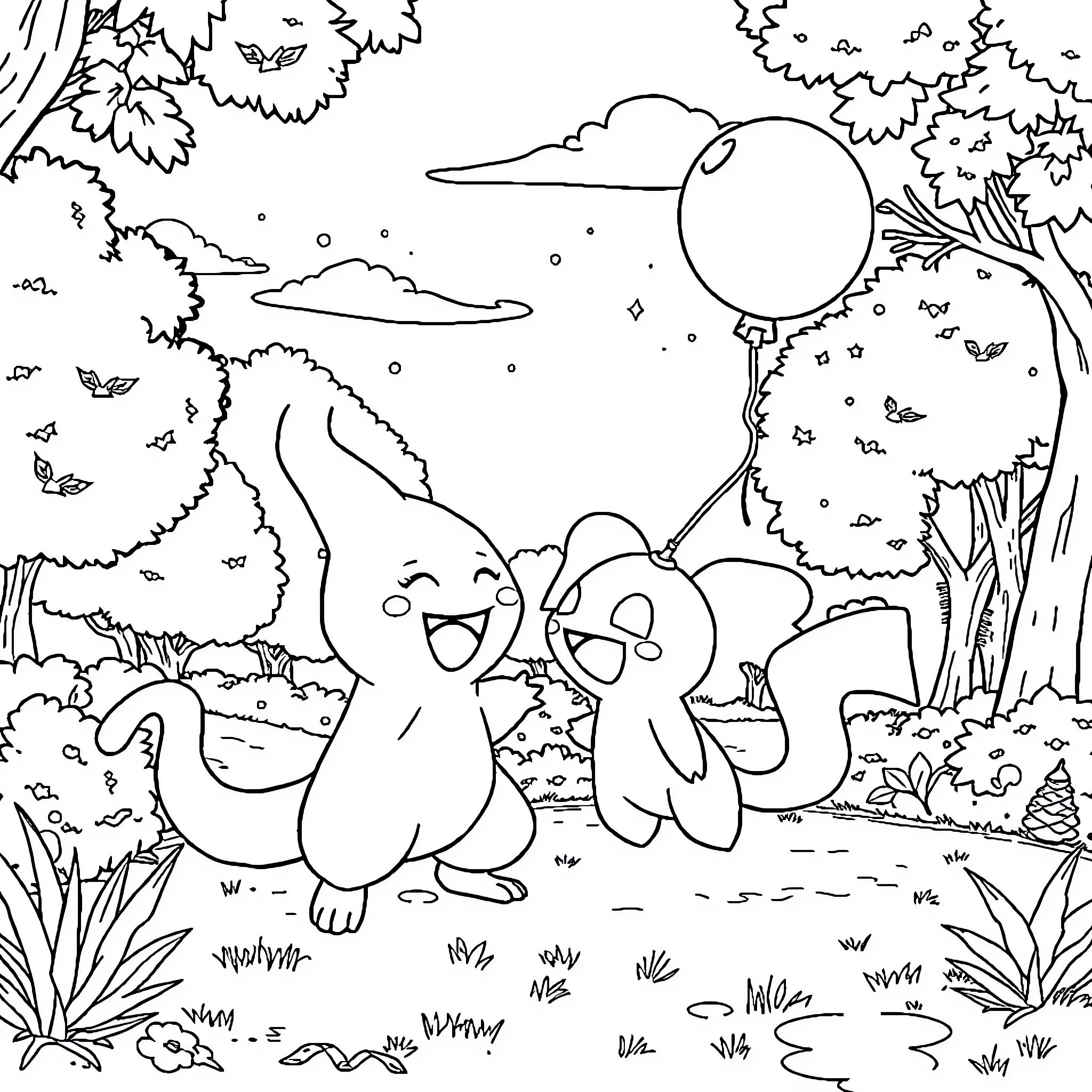 Ectoplasm creatures playing in the enchanted forest Coloring Page (free black-and-white line drawing printable PDF for all, from beginners to advanced learners, including children, teens, adults, and seniors)