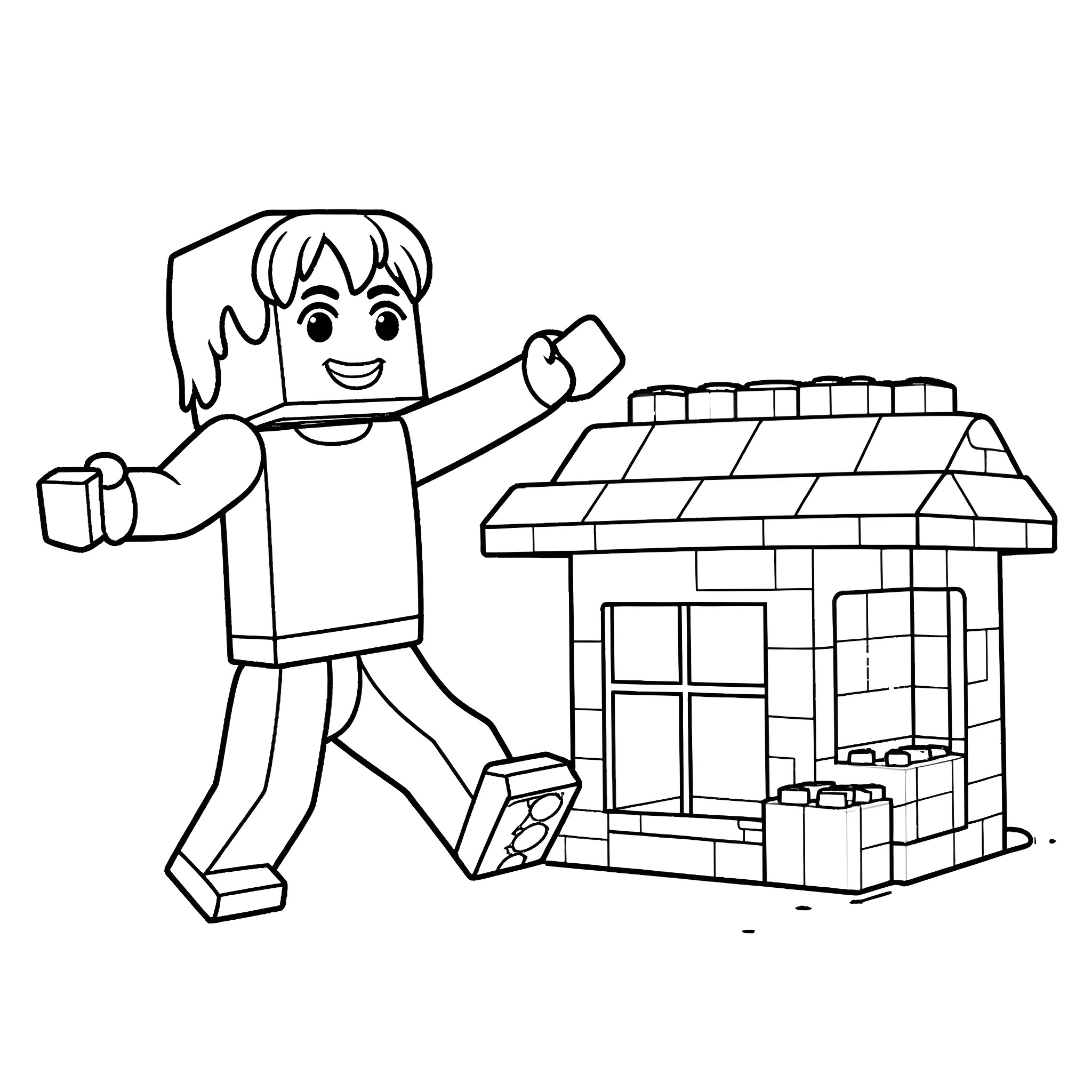 Minecraft Character Building a House Coloring Page (free black-and-white line drawing printable PDF for all, from beginners to advanced learners, including children, teens, adults, and seniors)