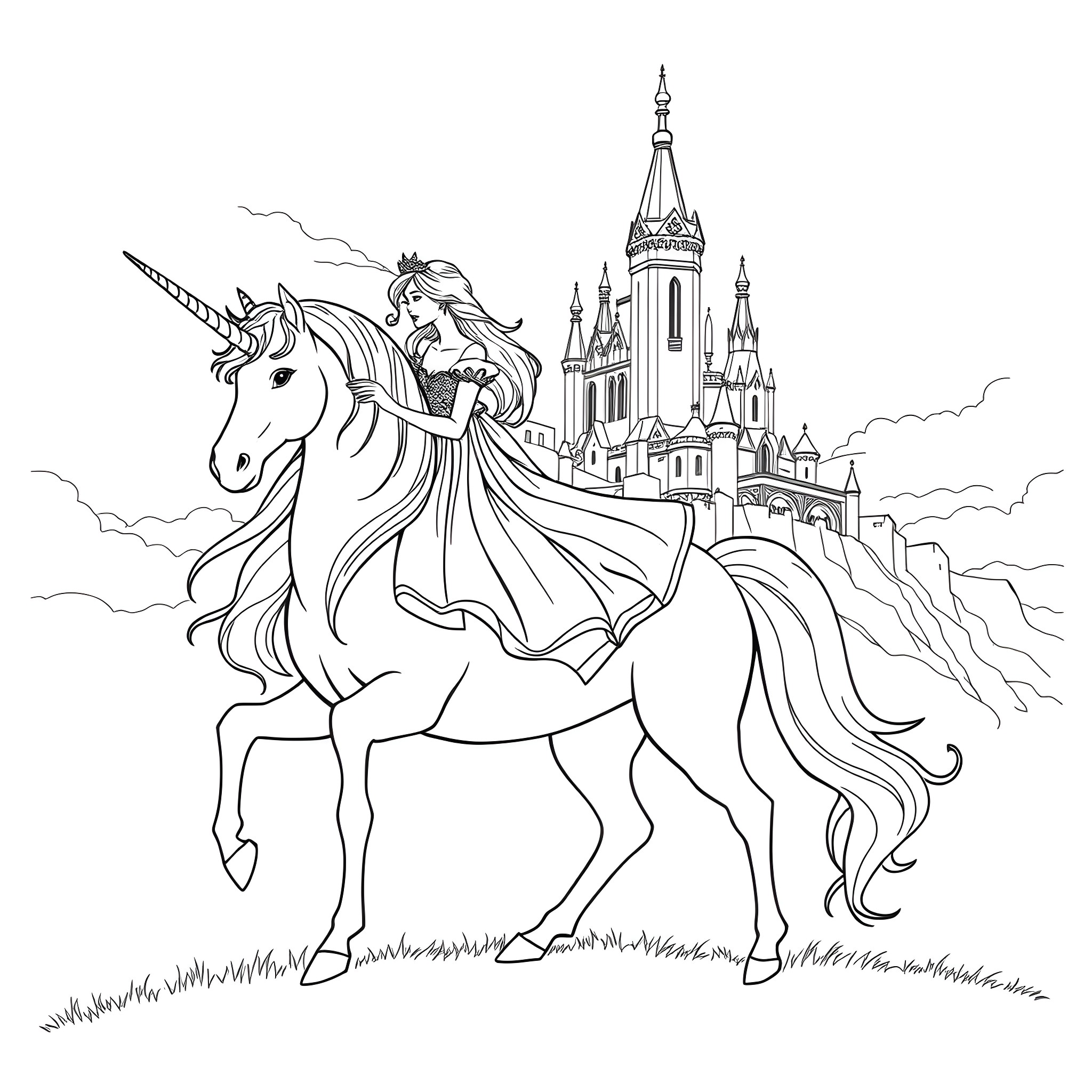 Princess Riding Unicorn Towards Enchanted Castle Coloring Page (free black-and-white line drawing printable PDF for all, from beginners to advanced learners, including children, teens, adults, and seniors)