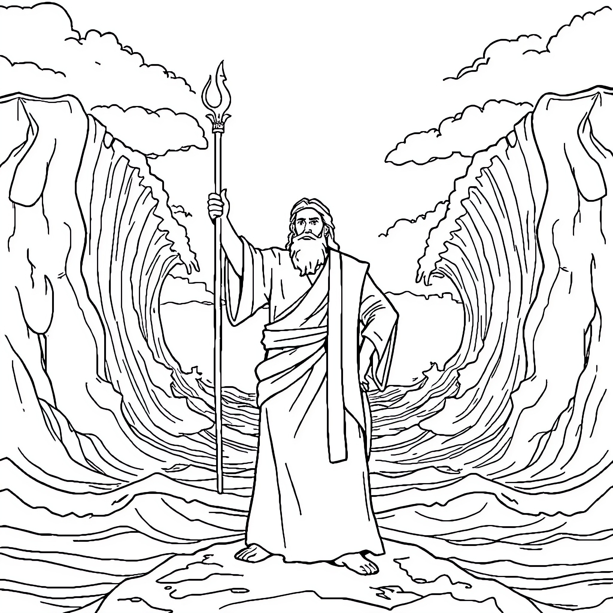 Moshe Rabbeinu parting the sea with staff Coloring Page (free black-and-white line drawing printable PDF for all, from beginners to advanced learners, including children, teens, adults, and seniors)