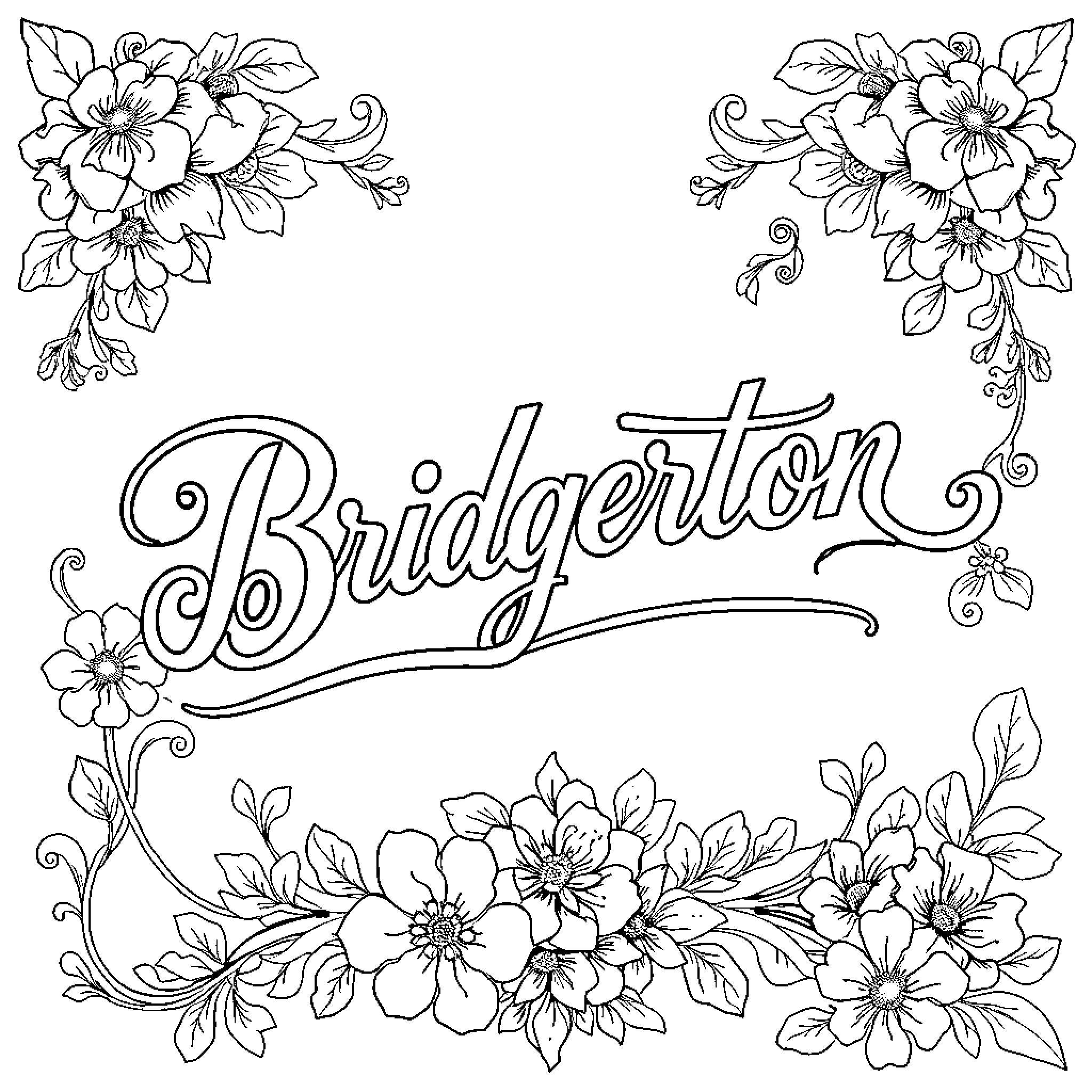 Letter I: Floral Frame Featuring Bridgerton Coloring Page (free black-and-white line drawing printable PDF for all, from beginners to advanced learners, including children, teens, adults, and seniors)