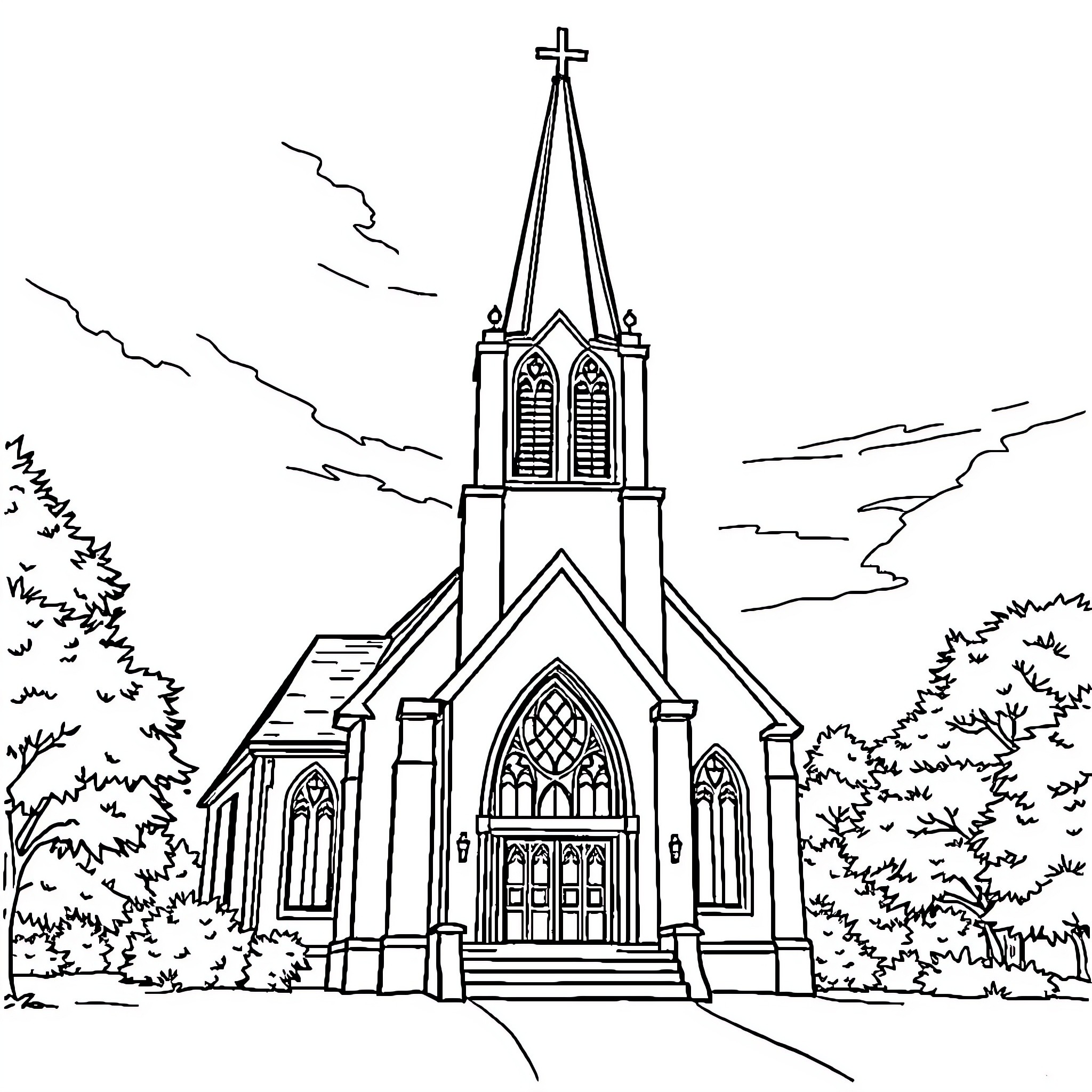 Church with Gothic Architecture and Stained Glass Coloring Page (free black-and-white line drawing printable PDF for all, from beginners to advanced learners, including children, teens, adults, and seniors)