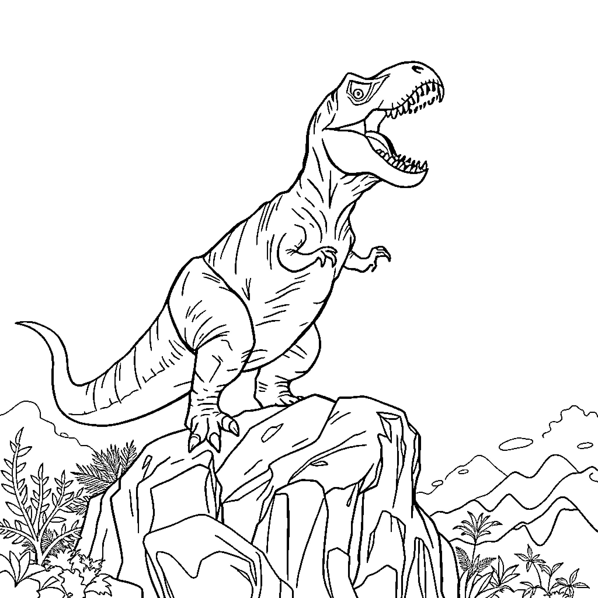 T-Rex Roaring on Rocky Terrain Coloring Page (free black-and-white line drawing printable PDF for all, from beginners to advanced learners, including children, teens, adults, and seniors)