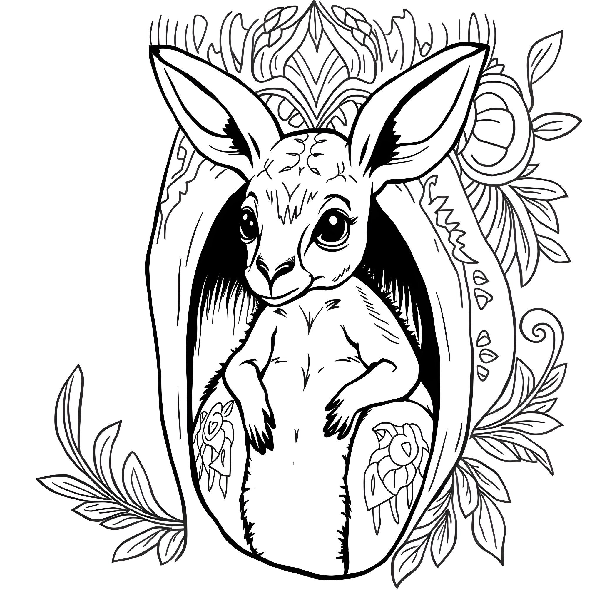 Kangaroo with intricate floral details Coloring Page (free black-and-white line drawing printable PDF for all, from beginners to advanced learners, including children, teens, adults, and seniors)