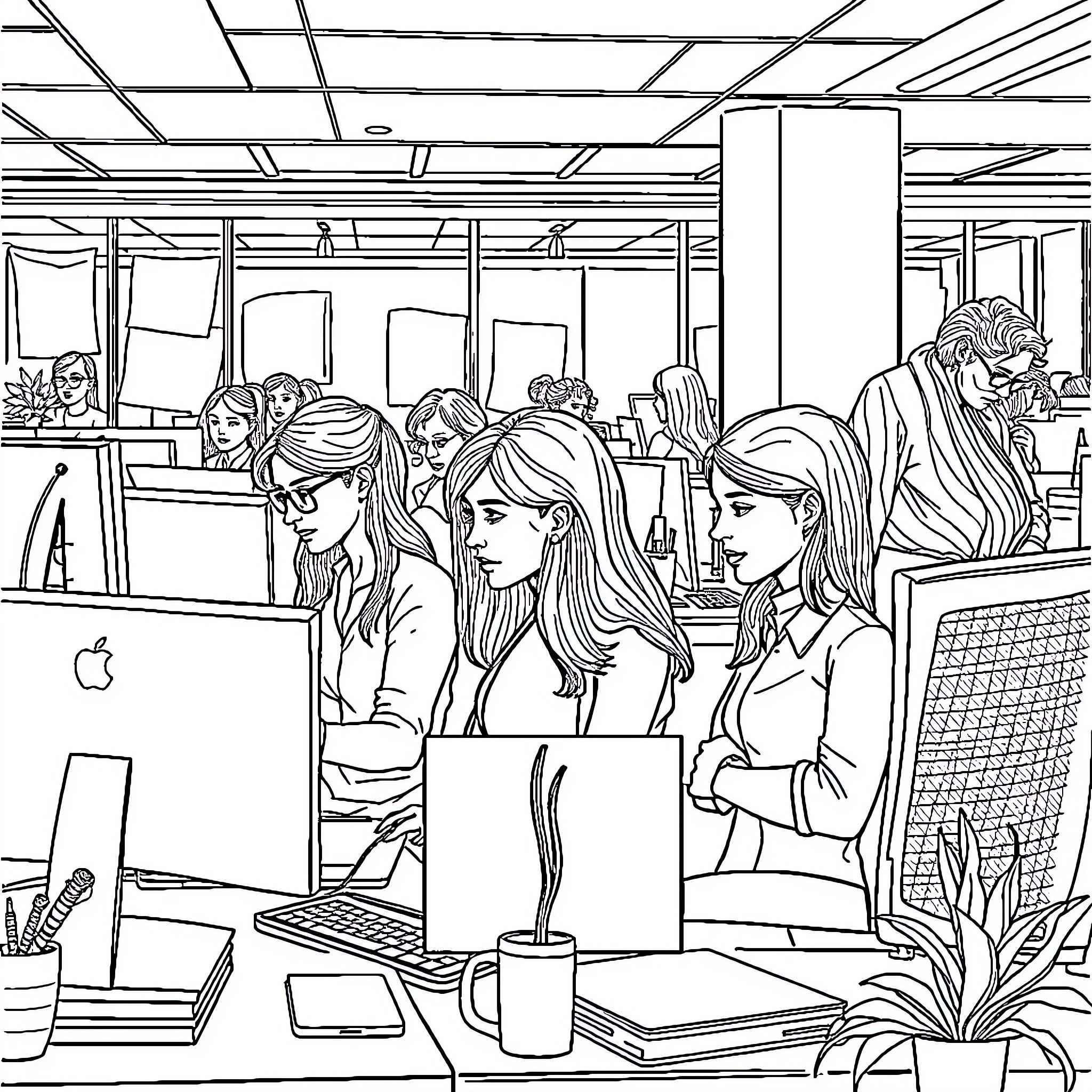Woman working diligently in a modern office environment Coloring Page (free black-and-white line drawing printable PDF for all, from beginners to advanced learners, including children, teens, adults, and seniors)