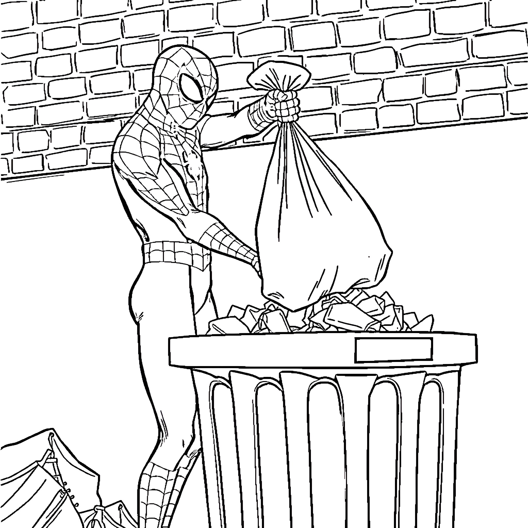 Spiderman cleaning up trash in the city Coloring Page (free black-and-white line drawing printable PDF for all, from beginners to advanced learners, including children, teens, adults, and seniors)
