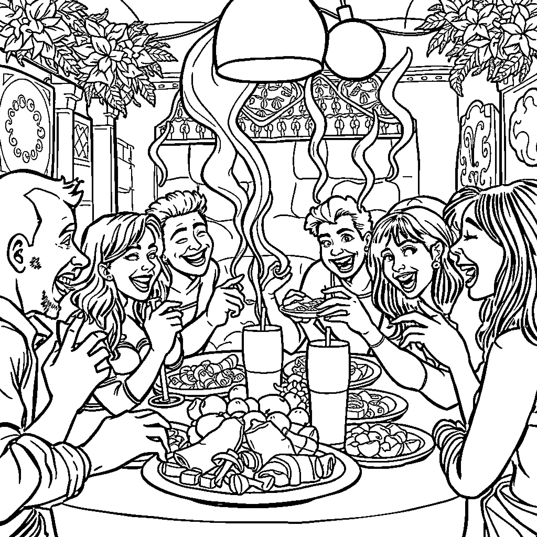 Brainrot: Group of friends enjoying a meal together Coloring Page (free black-and-white line drawing printable PDF for all, from beginners to advanced learners, including children, teens, adults, and seniors)