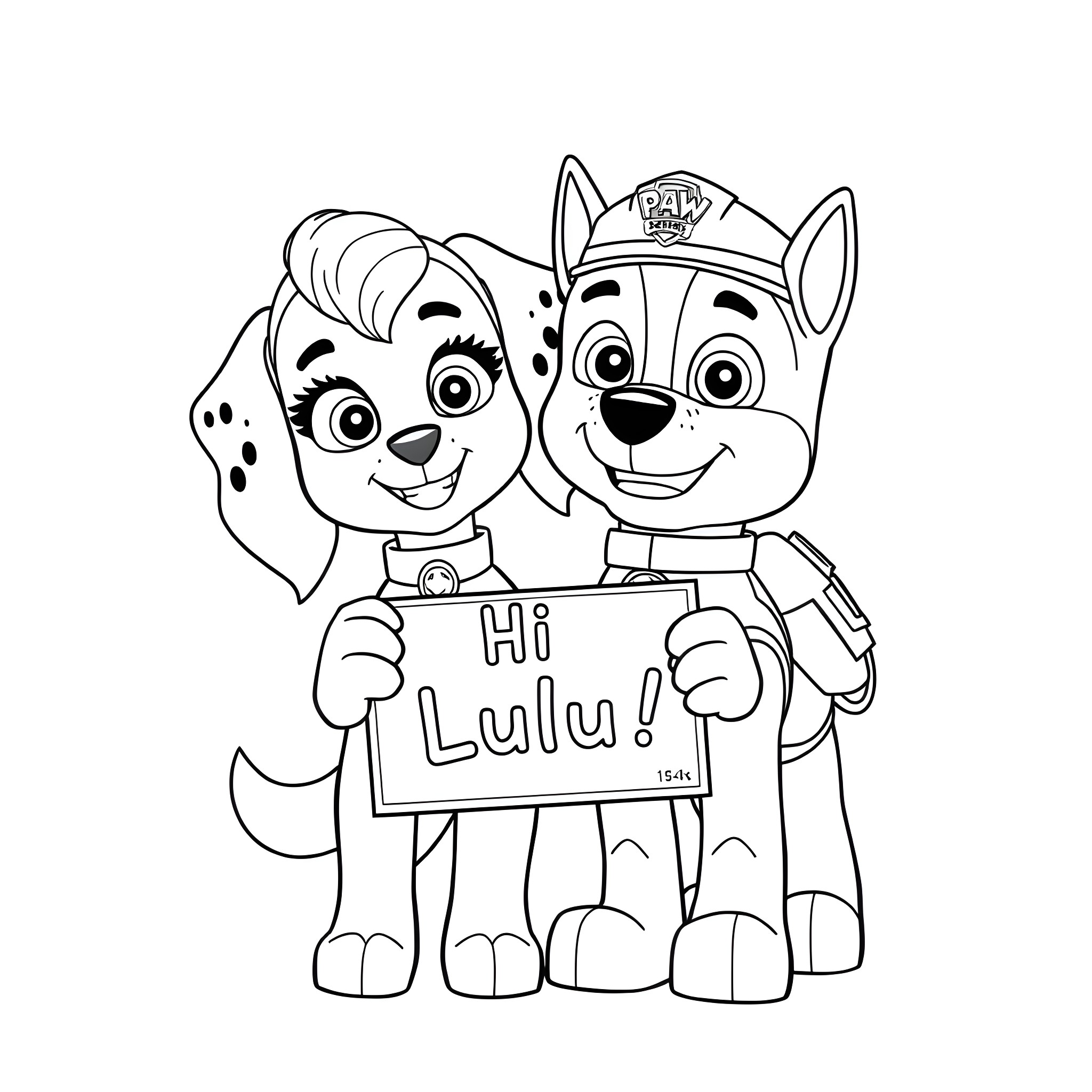 Paw Patrol characters greeting with a sign Coloring Page (free black-and-white line drawing printable PDF for all, from beginners to advanced learners, including children, teens, adults, and seniors)