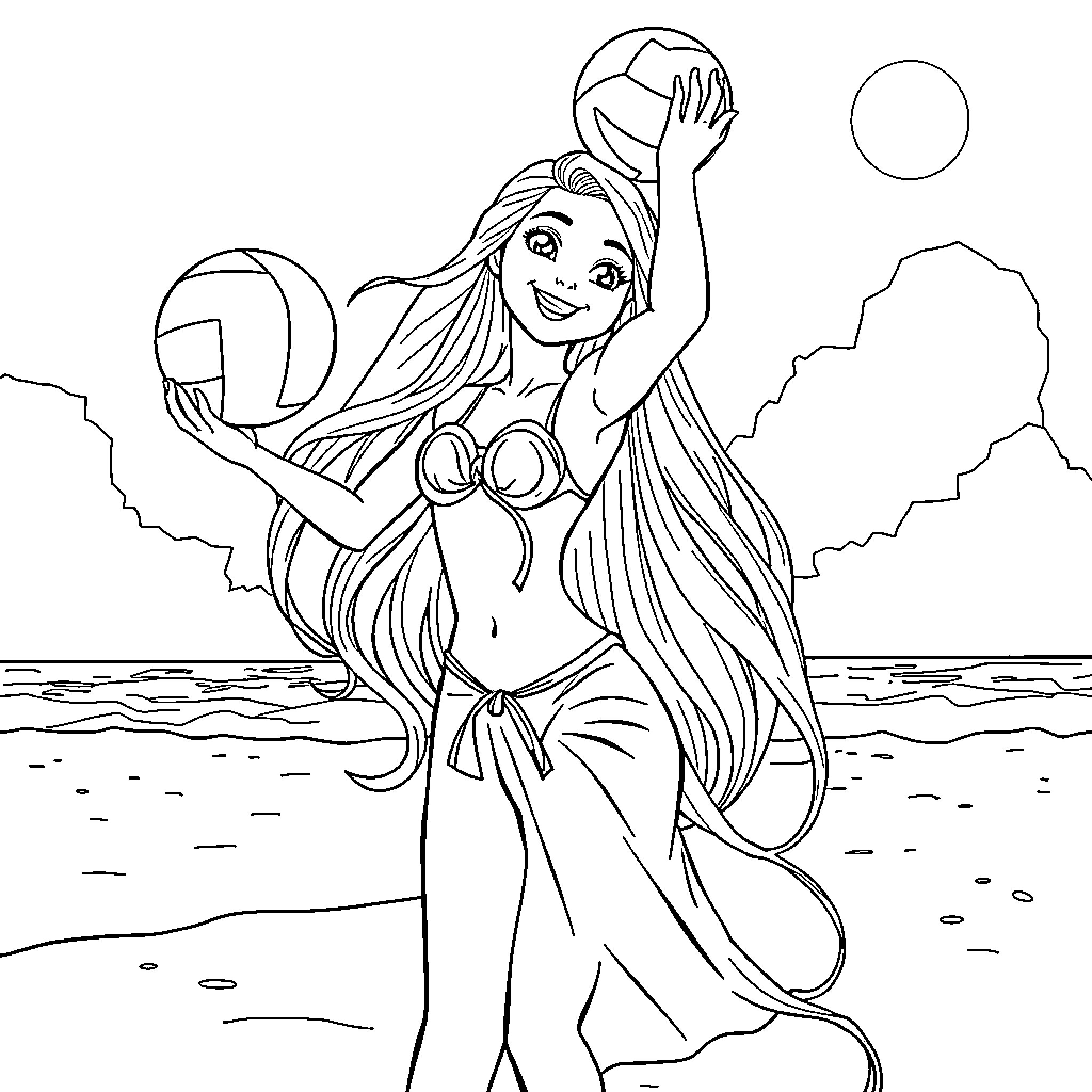 Rapunzel dancing joyfully on the beach Coloring Page (free black-and-white line drawing printable PDF for all, from beginners to advanced learners, including children, teens, adults, and seniors)